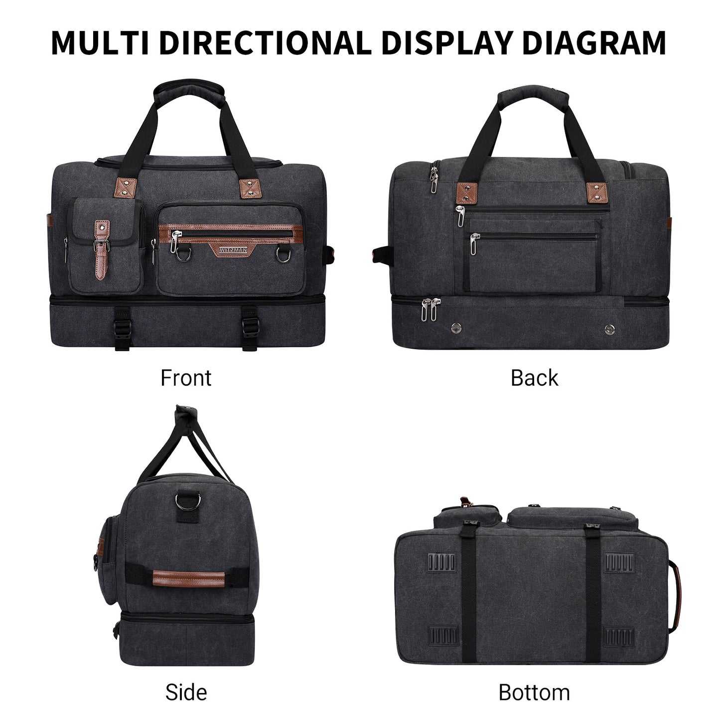 WITZMAN Canvas Weekender Bag Mens Overnight Bag for Traveling Carry on Duffle Bags with Shoes Compartment(A8010 )