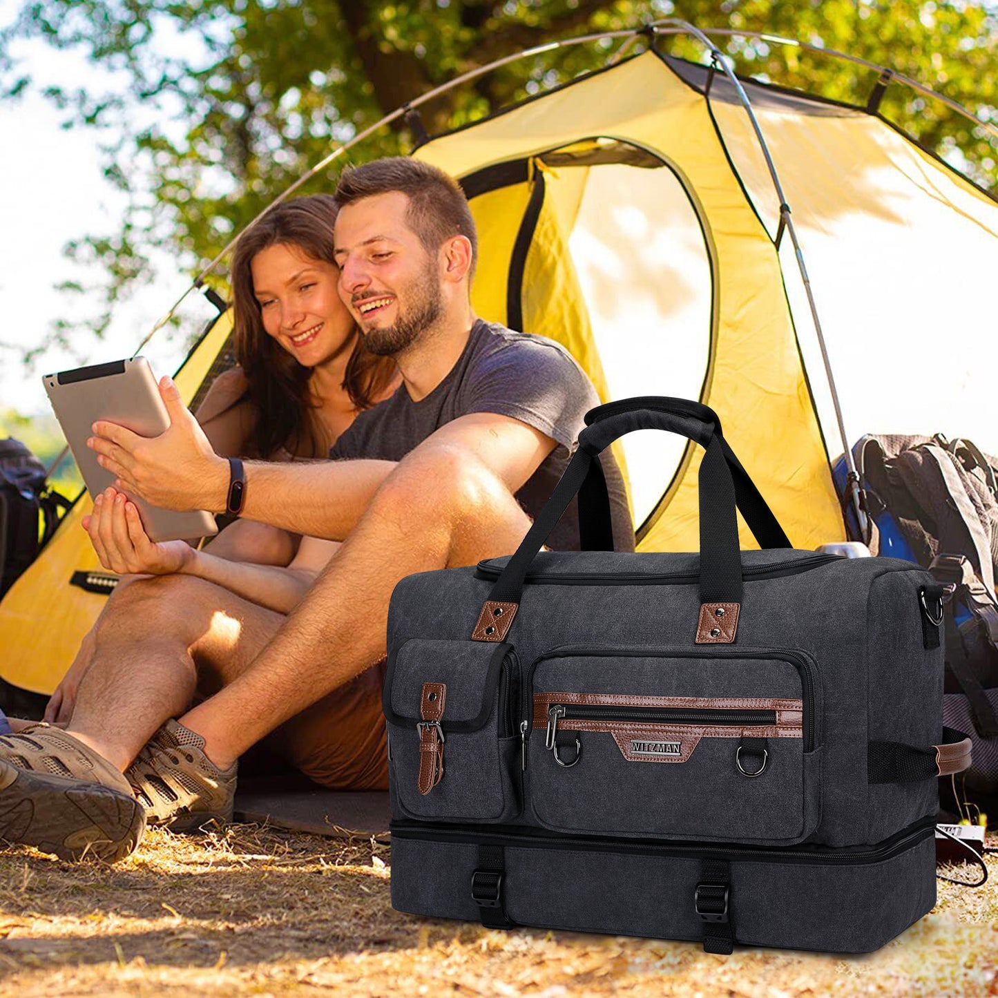 WITZMAN Canvas Weekender Bag Mens Overnight Bag for Traveling Carry on Duffle Bags with Shoes Compartment(A8010 )