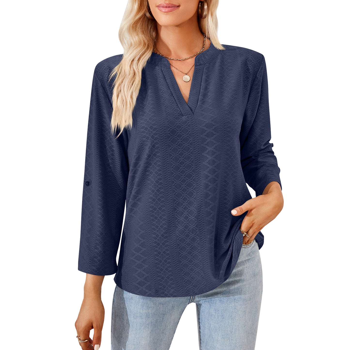 MOMOFEEL Long Sleeve Shirts for Women 3/4 Sleeve Loose Blouses V-neck Tunic Tops Casual M9007