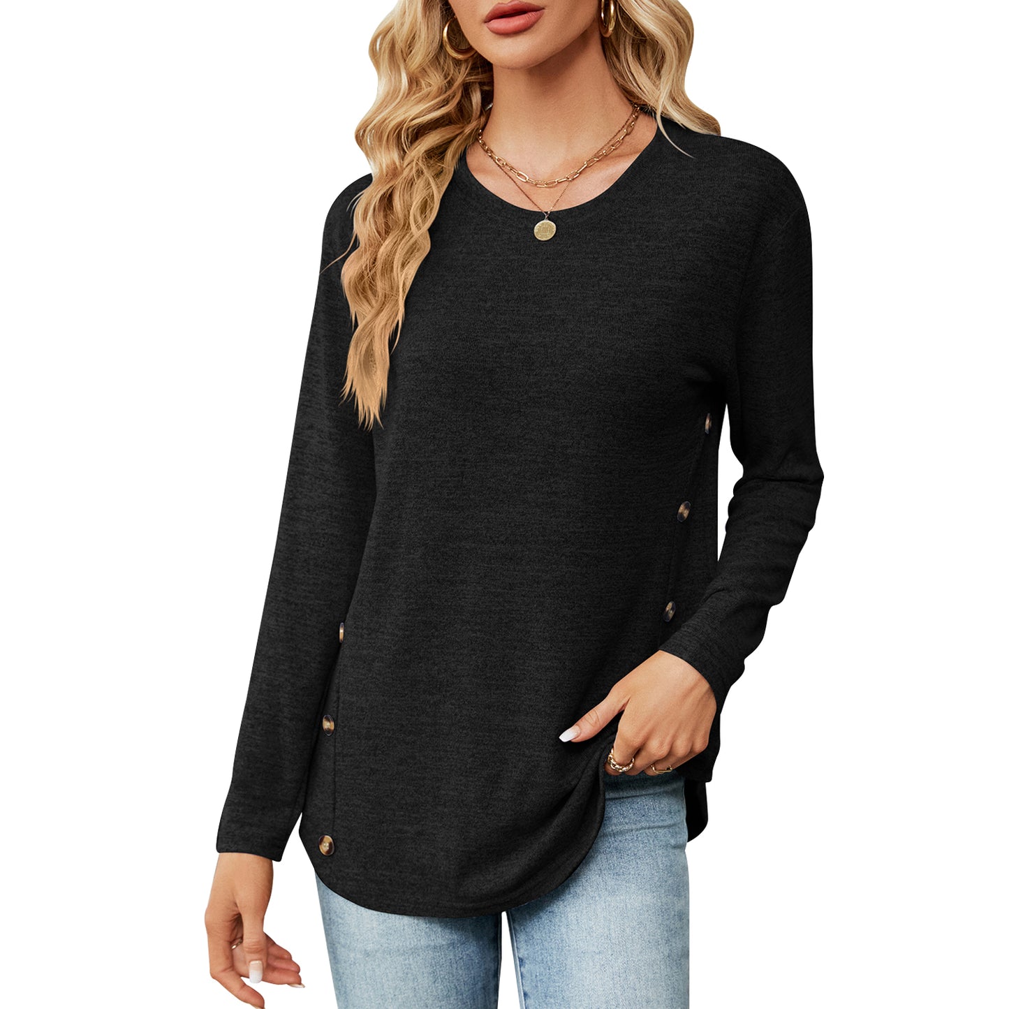 MOMOFEEL Long Sleeve Tunic Tops for Women Crewneck Sweatshirt with Side Buttons Casual Shirts Pullover M9004