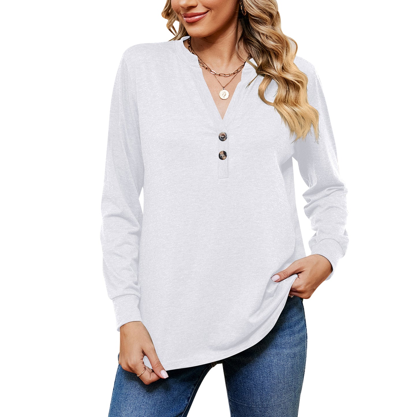 MOMOFEEL Womens Long Sleeve Shirts Casual V Neck Tunic Tops Henley Loose Pullover Blouses M9006