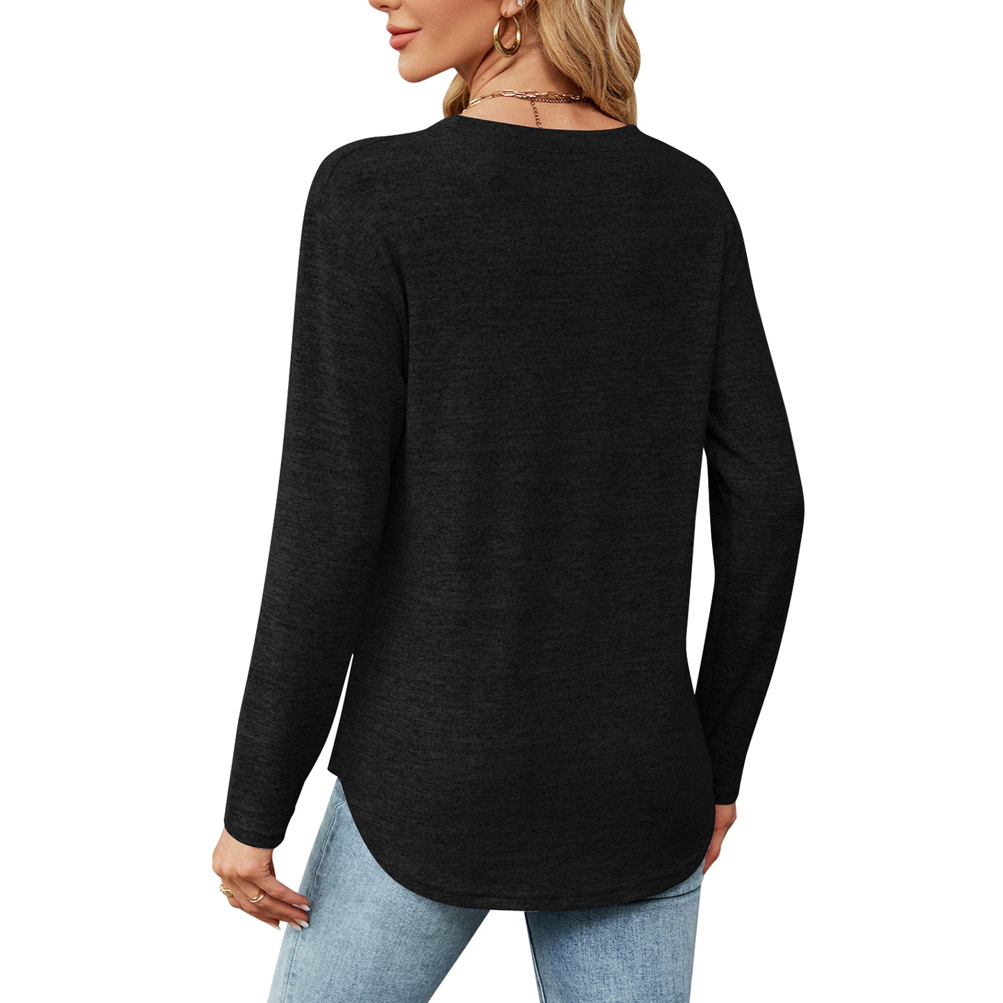 MOMOFEEL Long Sleeve Tunic Tops for Women Crewneck Sweatshirt with Side Buttons Casual Shirts Pullover M9004