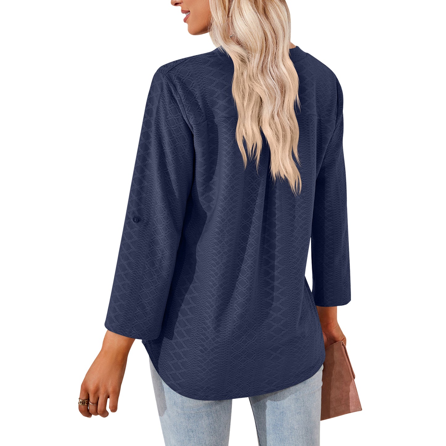 MOMOFEEL Long Sleeve Shirts for Women 3/4 Sleeve Loose Blouses V-neck Tunic Tops Casual M9007