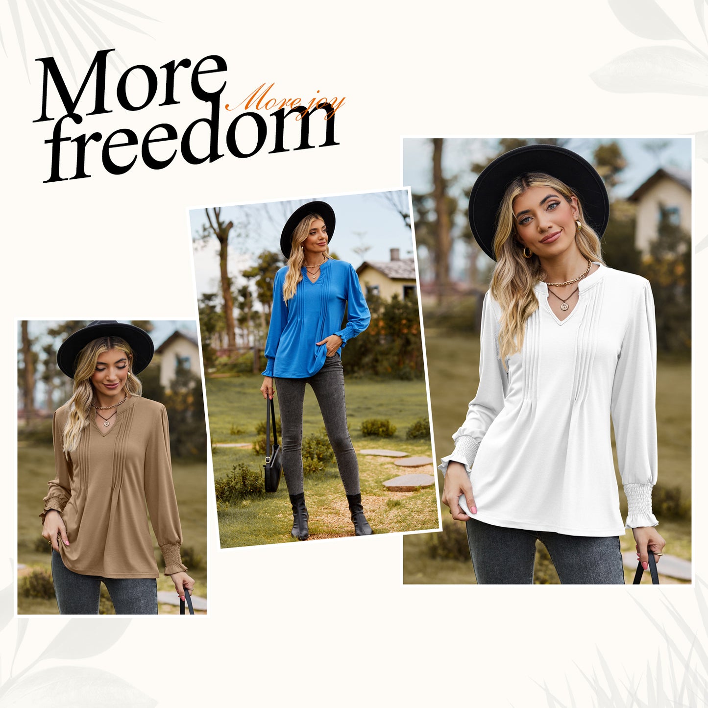 MOMOFEEL Womens Tunic Tops Puff Long Sleeve Blouses Loose Fit Pleated V Neck Shirts M9013