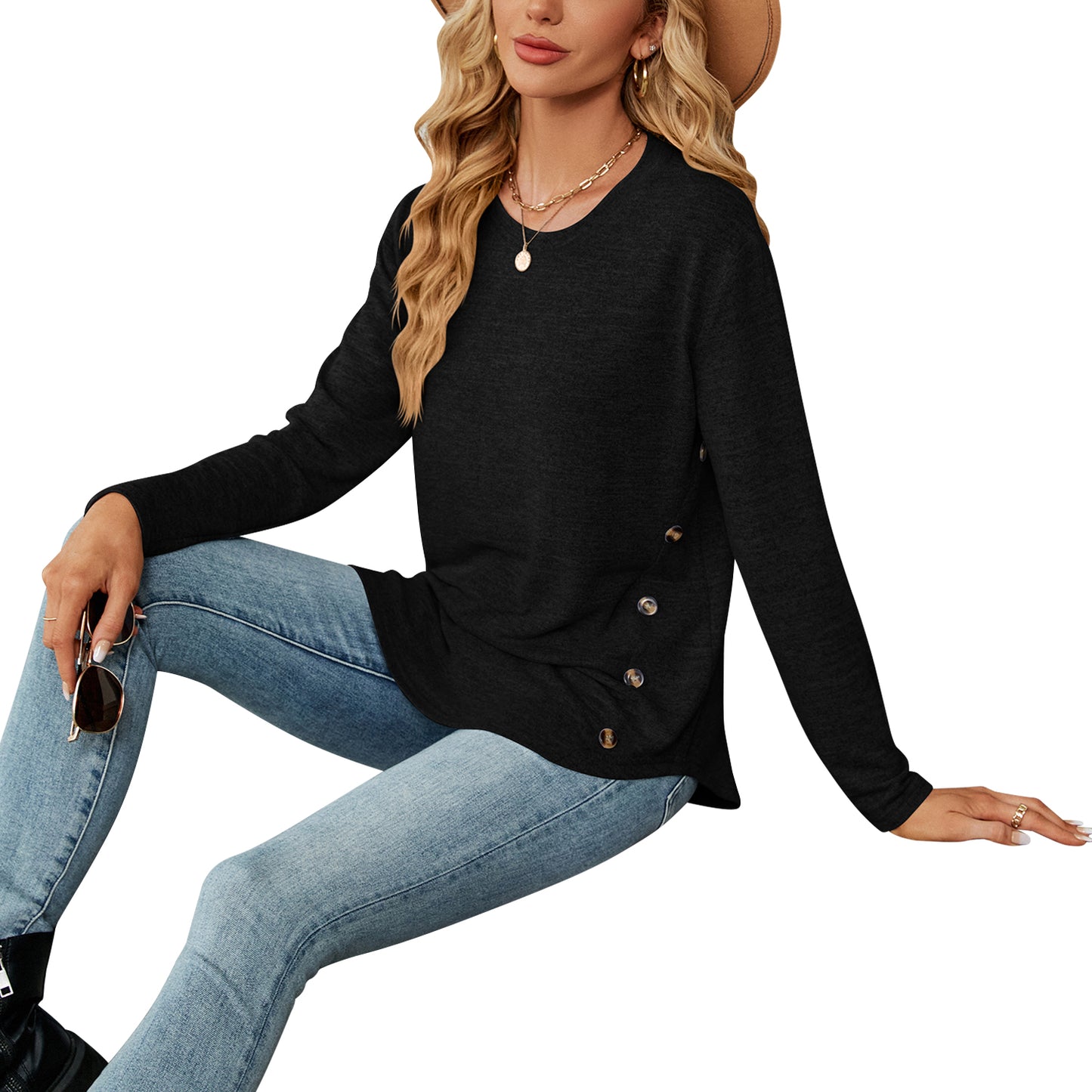MOMOFEEL Long Sleeve Tunic Tops for Women Crewneck Sweatshirt with Side Buttons Casual Shirts Pullover M9004