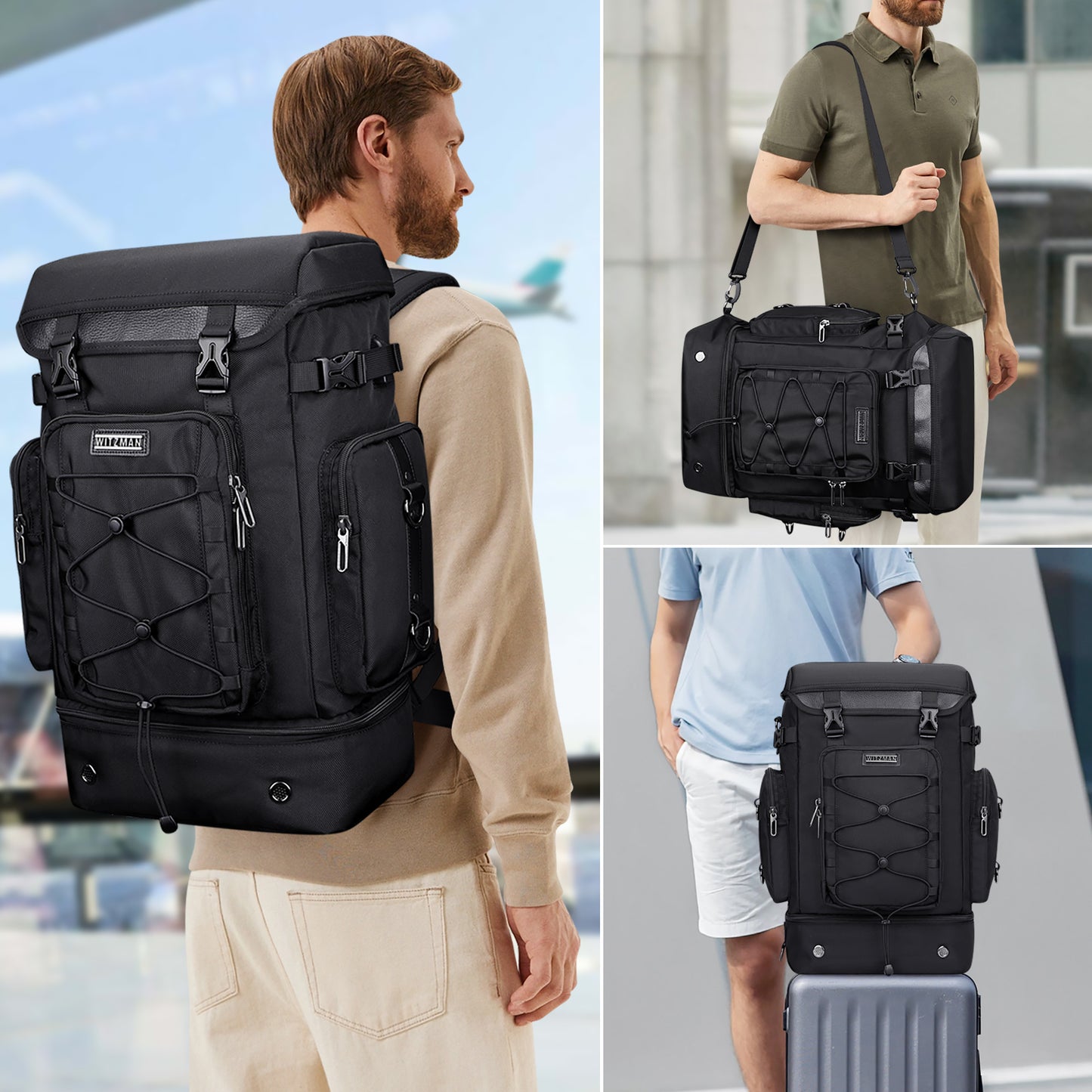 WITZMAN Travel Backpack for Men Women Carry on Bags for Airline Approved Convertible Duffle Luggage Backpack Shoe Compartment(B691 )