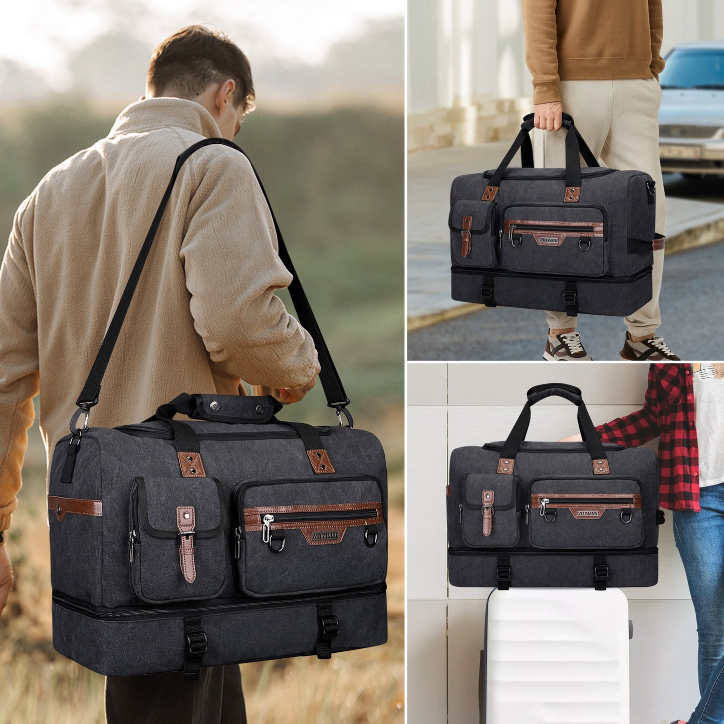 WITZMAN Canvas Weekender Bag Mens Overnight Bag for Traveling Carry on Duffle Bags with Shoes Compartment(A8010 )