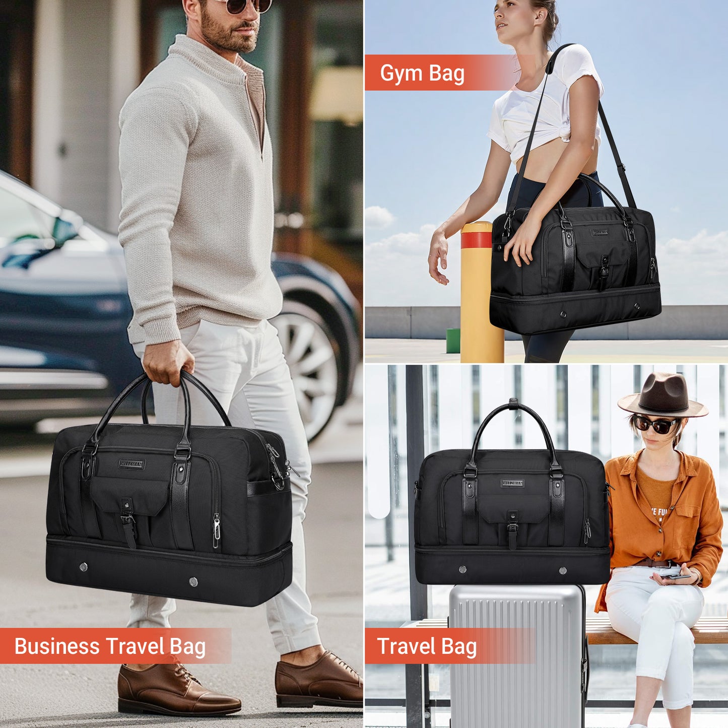 WITZMAN Weekender Bags for Men Women Carry On Duffle Overnight Bag with Toiletry Bag Sets Travel Duffel Bag Shoes Compartment(B694)