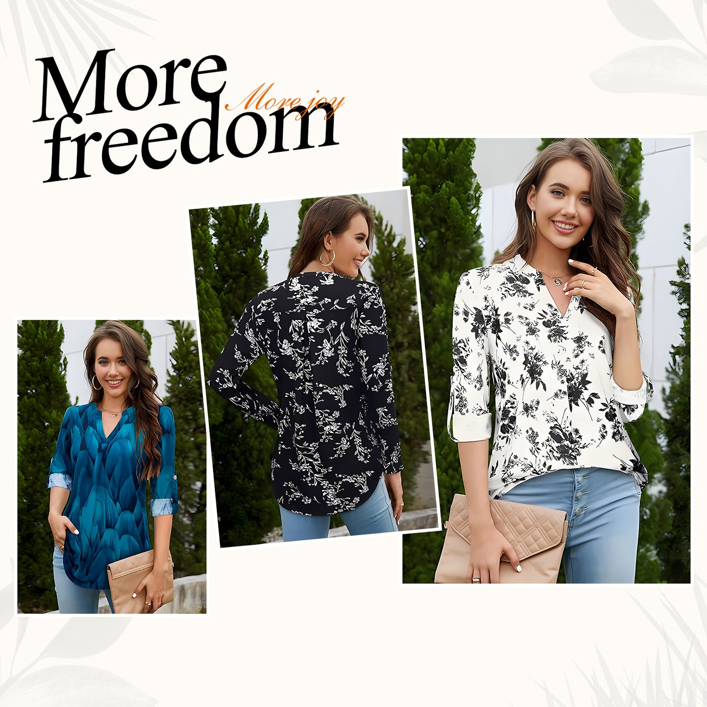 MOMOFEEL Women's Roll Up 3/4 Sleeve Tops Floral Printed Tunic Blouses V Neck Casual Shirts Casual M9014