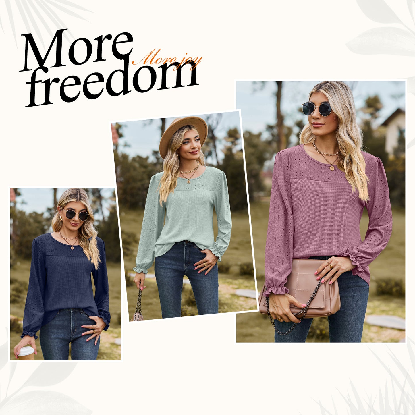 MOMOFEEL Puff Lace Long Sleeve Shirts for Women Crewneck Tunic Tops Waffle Knit Blouse Casual M9005