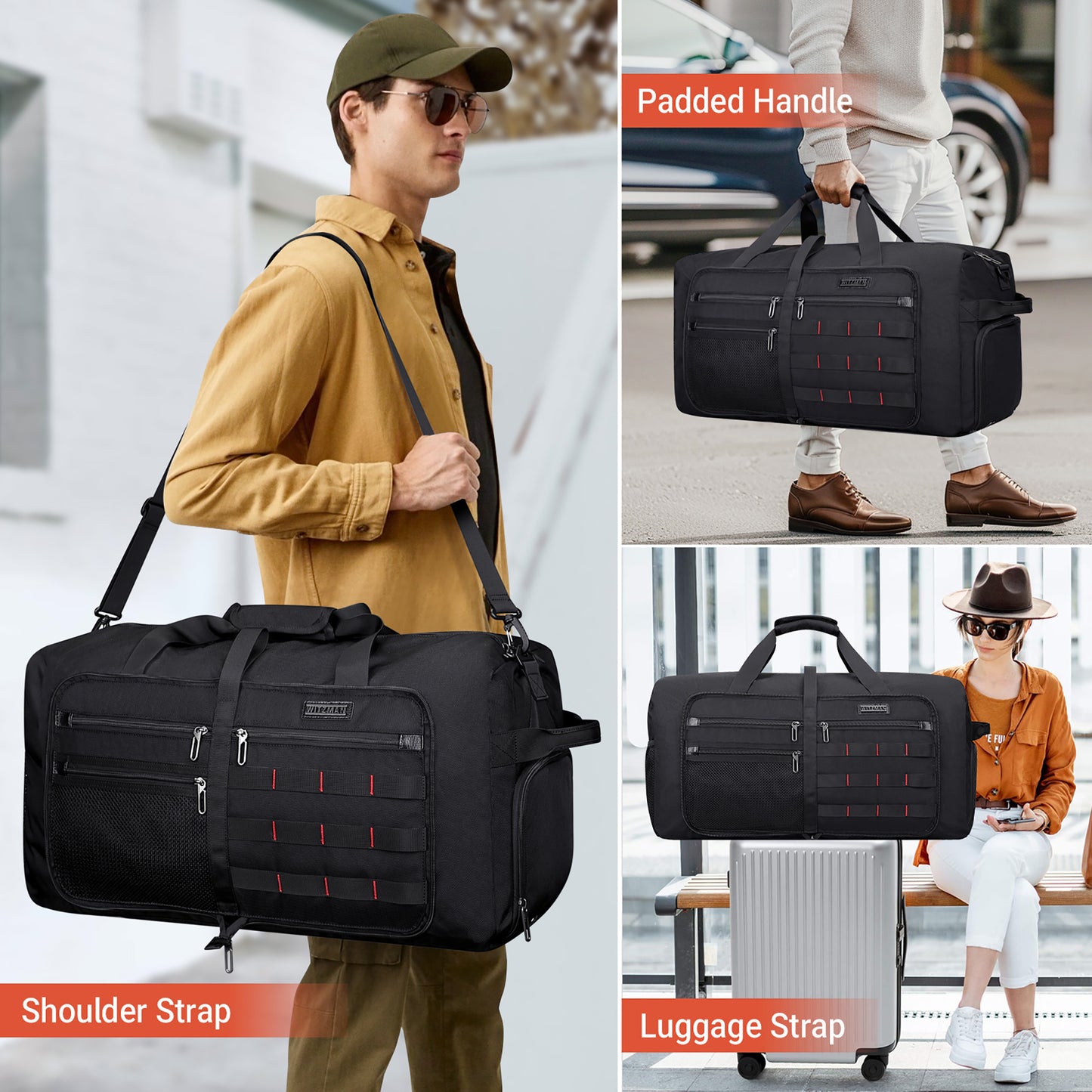 WITZMAN Foldable Duffle Bag for Travel 65L Lightweight Packable Duffel Bag with Shoes Compartment Overnight Bag for Men Women (B697)