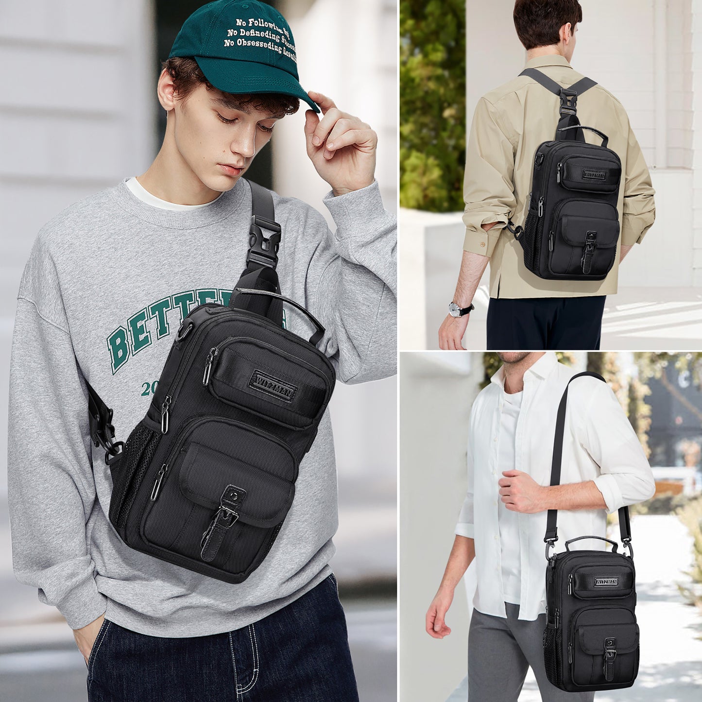 WITZMAN Sling Bag for Men Convertible Travel Sling Backpack USB Charging Port Lightweight Crossbody Bags Casual Daypack(B698)