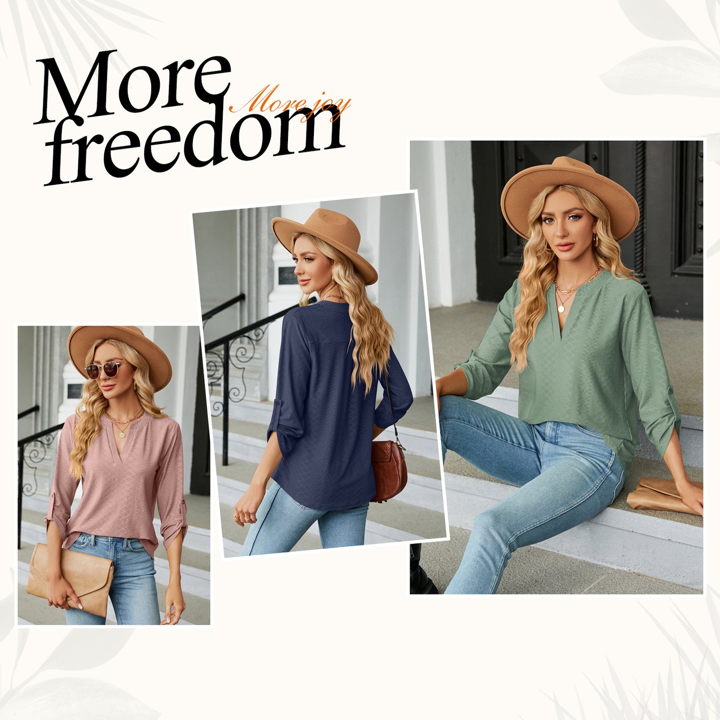MOMOFEEL Long Sleeve Shirts for Women 3/4 Sleeve Loose Blouses V-neck Tunic Tops Casual M9007