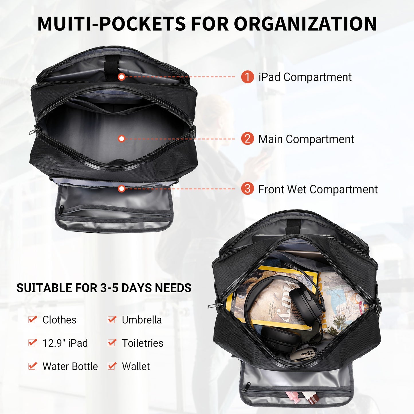 WITZMAN Weekender Bags for Men Women Carry On Duffle Overnight Bag with Toiletry Bag Sets Travel Duffel Bag Shoes Compartment(B694)