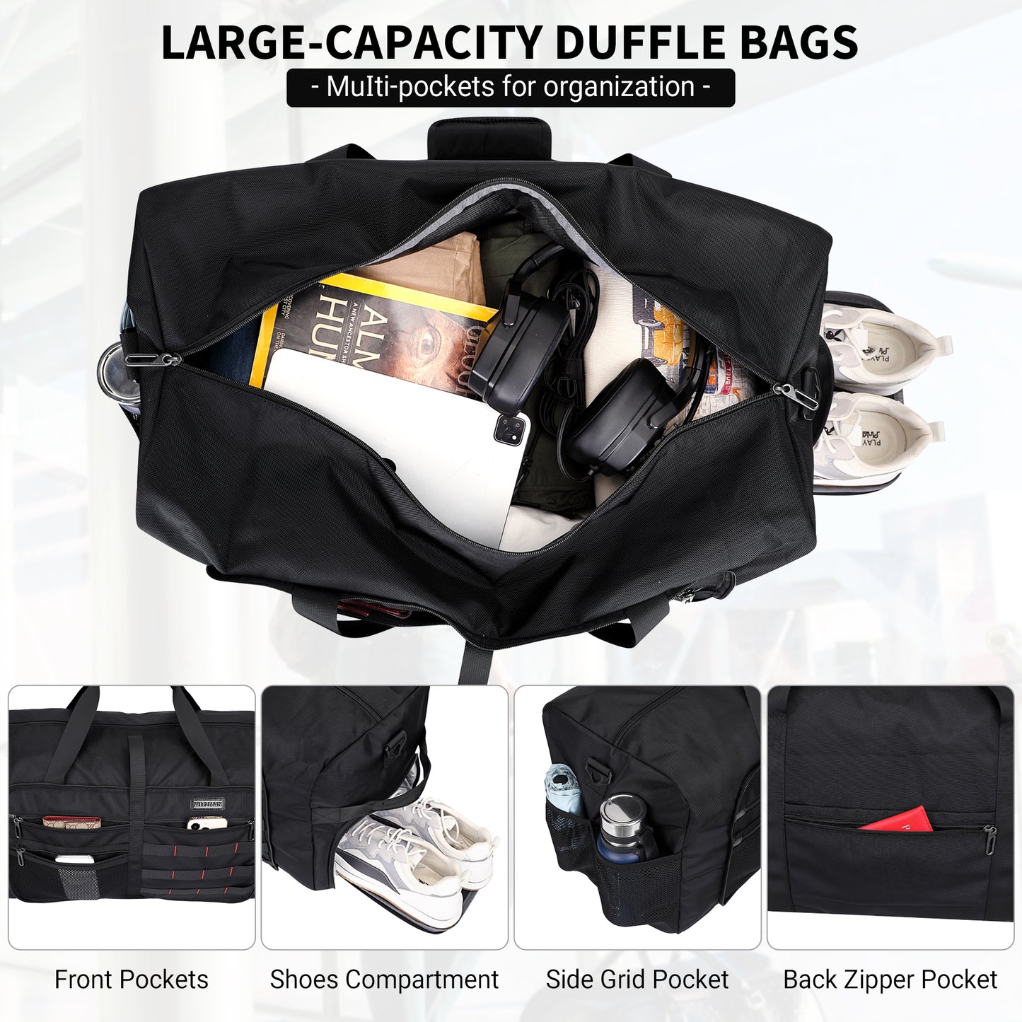 WITZMAN Foldable Duffle Bag for Travel 65L Lightweight Packable Duffel Bag with Shoes Compartment Overnight Bag for Men Women (B697)