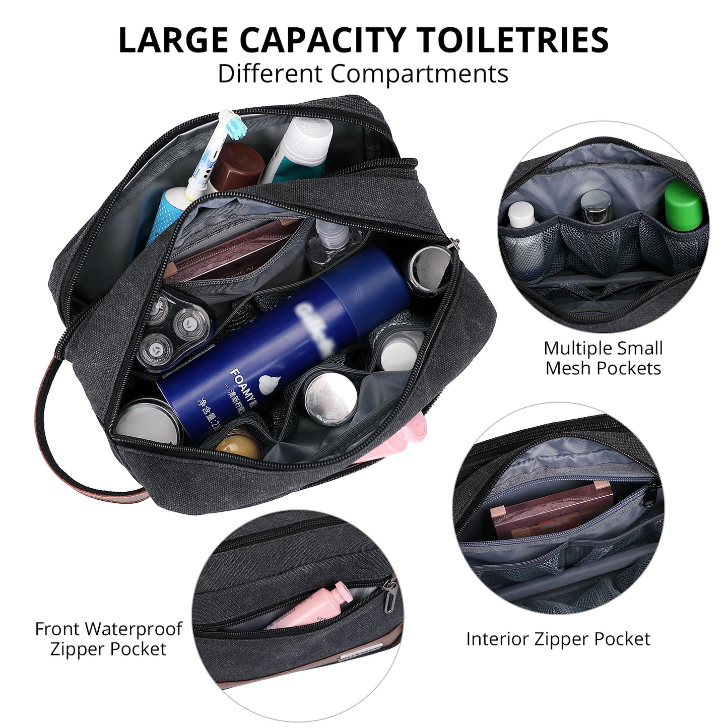 WITZMAN Canvas Toiletry Bag for Men Hanging Dopp Kit Organizer Water-resistant Travel Toiletries bag Men Bathroom Bag with Wet Pocket(A8001)