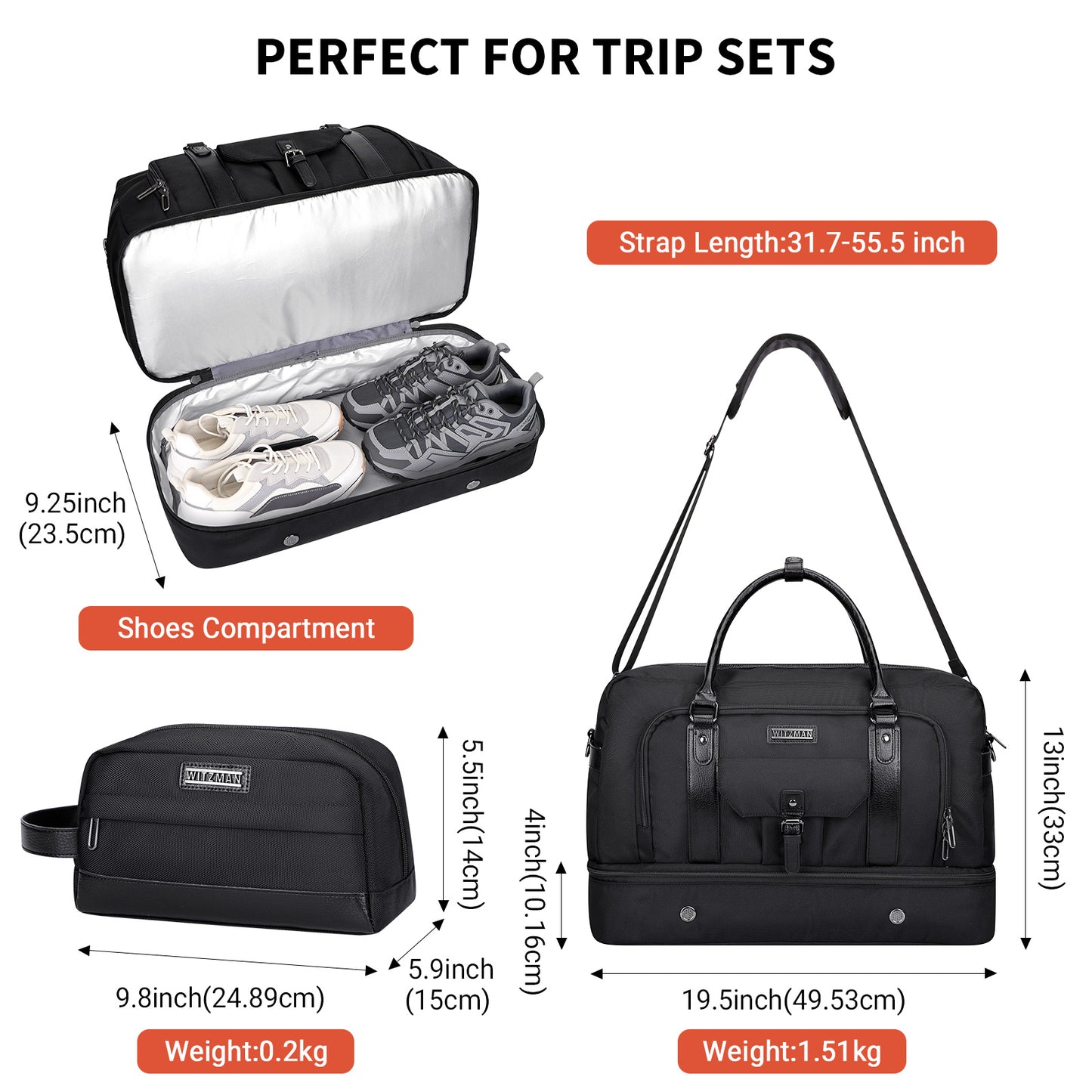 WITZMAN Weekender Bags for Men Women Carry On Duffle Overnight Bag with Toiletry Bag Sets Travel Duffel Bag Shoes Compartment(B694)