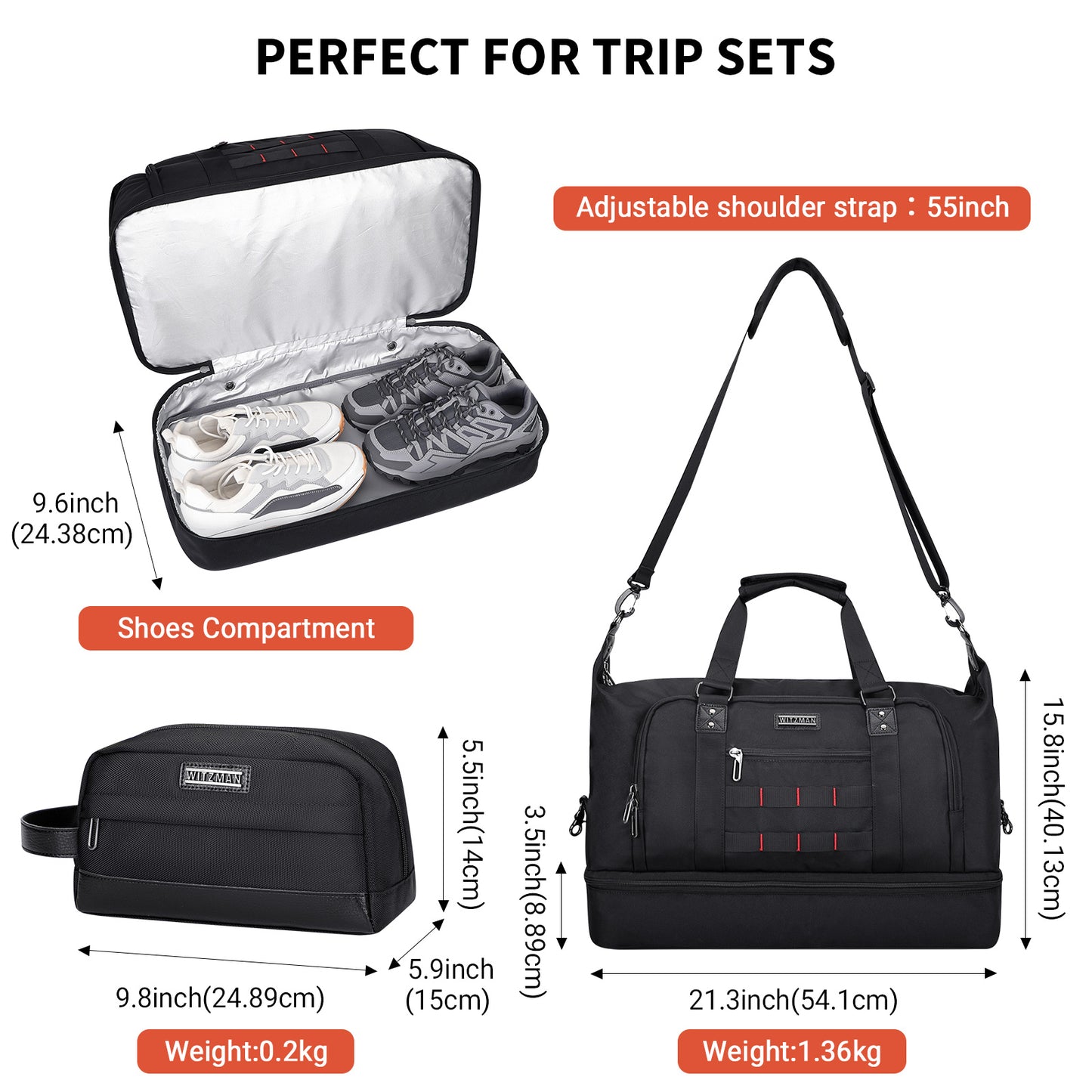 WITZMAN Travel Duffle Bags for Men Weekender Bags with Toiletry Bag Sets Carry On Overnight Bag 55L(B696 )