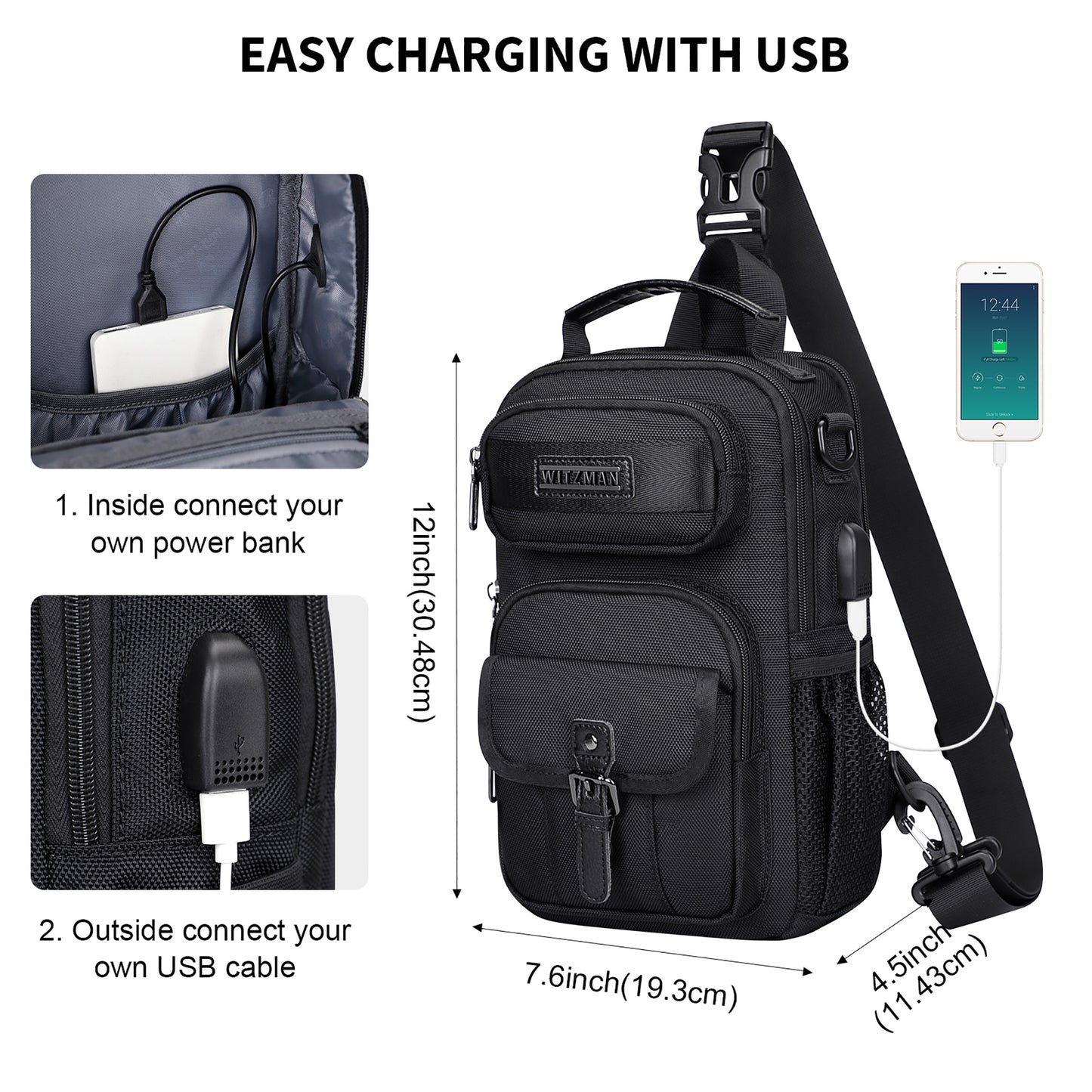 WITZMAN Sling Bag for Men Convertible Travel Sling Backpack USB Charging Port Lightweight Crossbody Bags Casual Daypack(B698)