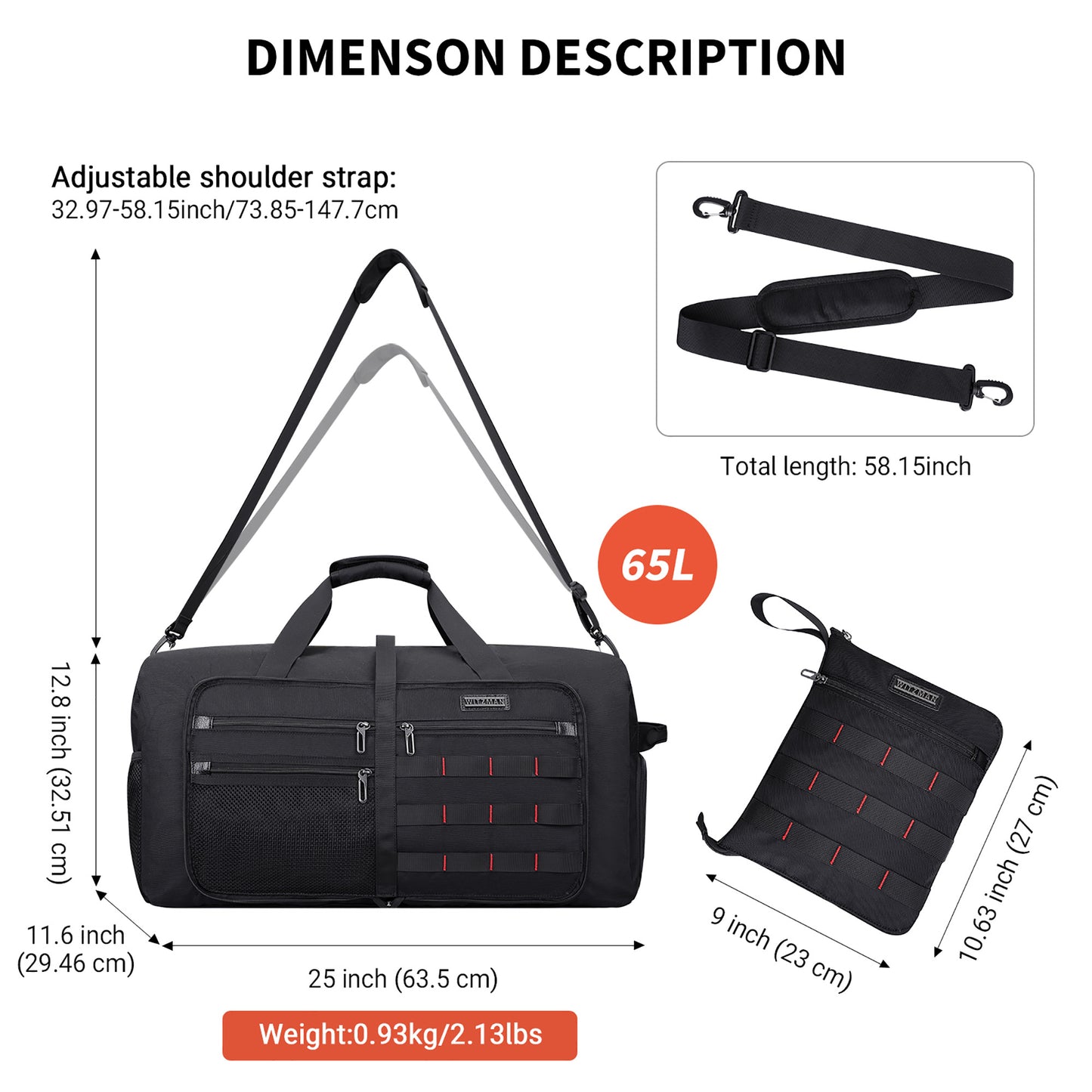 WITZMAN Foldable Duffle Bag for Travel 65L Lightweight Packable Duffel Bag with Shoes Compartment Overnight Bag for Men Women (B697)