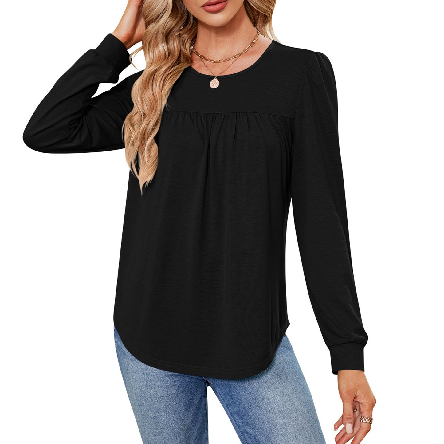 MOMOFEEL Womens Long Sleeve Tunic Tops Pleated Crewneck Shirts to Wear with Leggings Casual Loose Fit Sweatshirt M9003