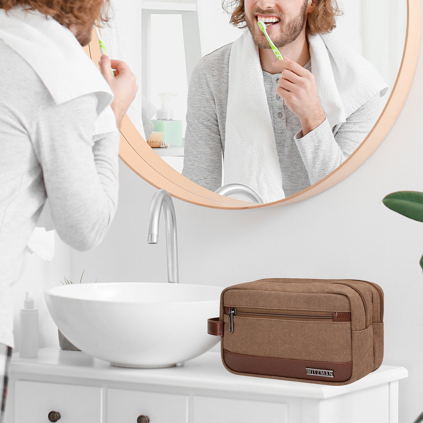 WITZMAN Canvas Toiletry Bag for Men Hanging Dopp Kit Organizer Water-resistant Travel Toiletries bag Men Bathroom Bag with Wet Pocket(A8001)