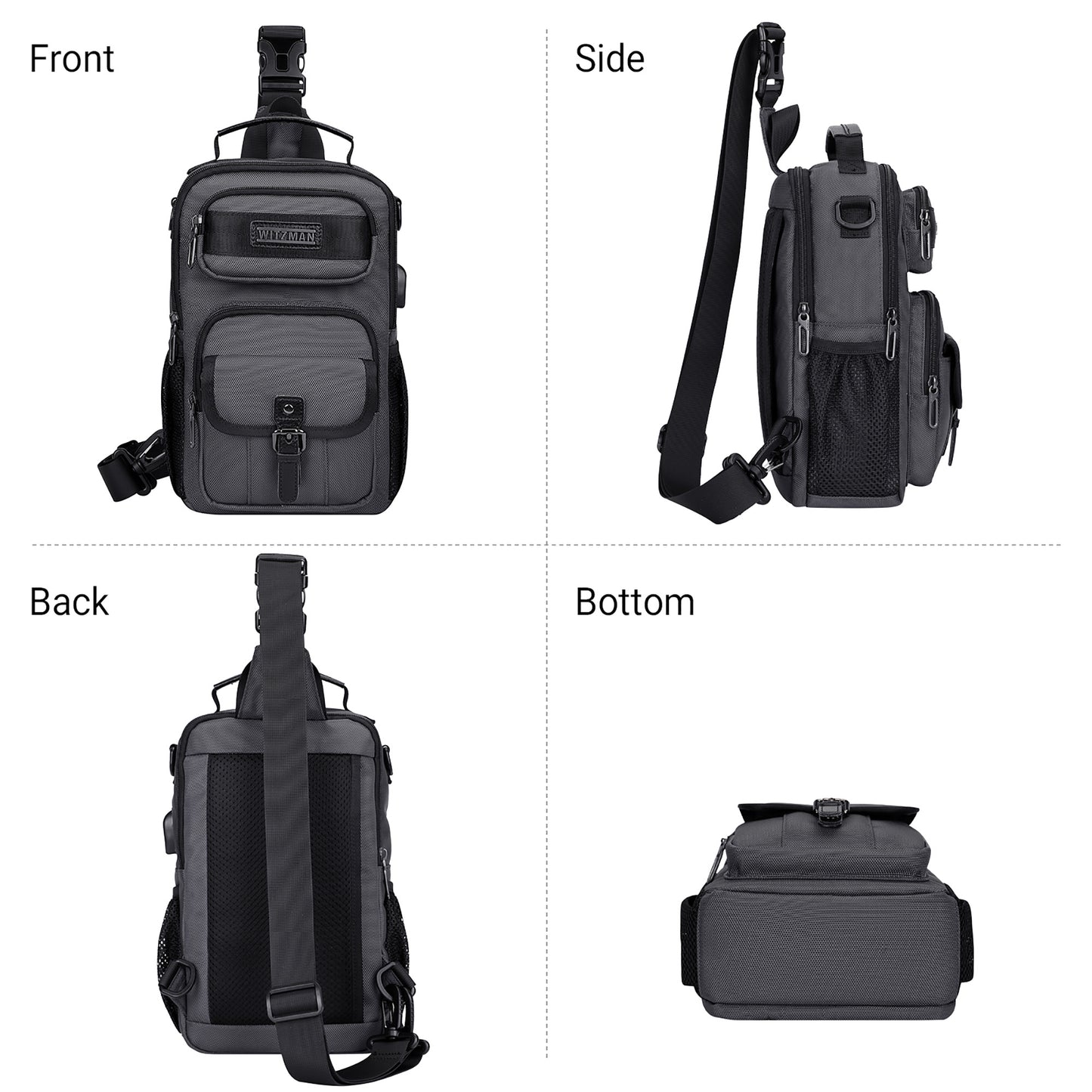 WITZMAN Sling Bag for Men Convertible Travel Sling Backpack USB Charging Port Lightweight Crossbody Bags Casual Daypack(B698)