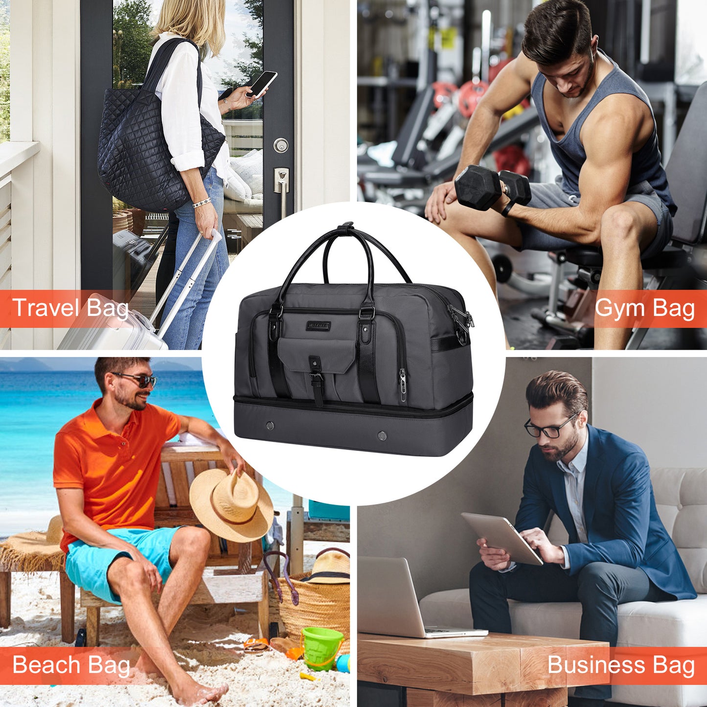 WITZMAN Weekender Bags for Men Women Carry On Duffle Overnight Bag with Toiletry Bag Sets Travel Duffel Bag Shoes Compartment(B694)