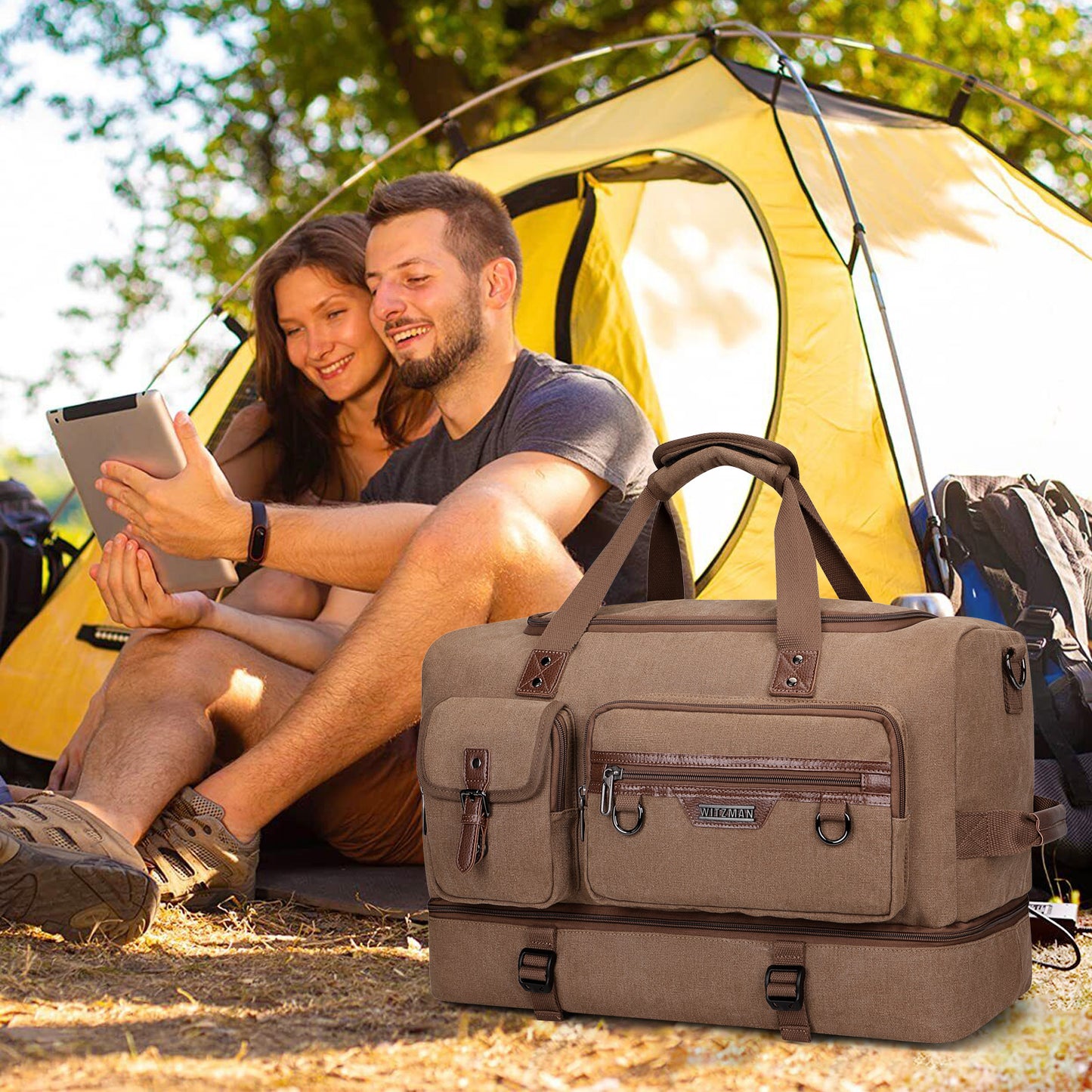 WITZMAN Canvas Weekender Bag Mens Overnight Bag for Traveling Carry on Duffle Bags with Shoes Compartment(A8010 )