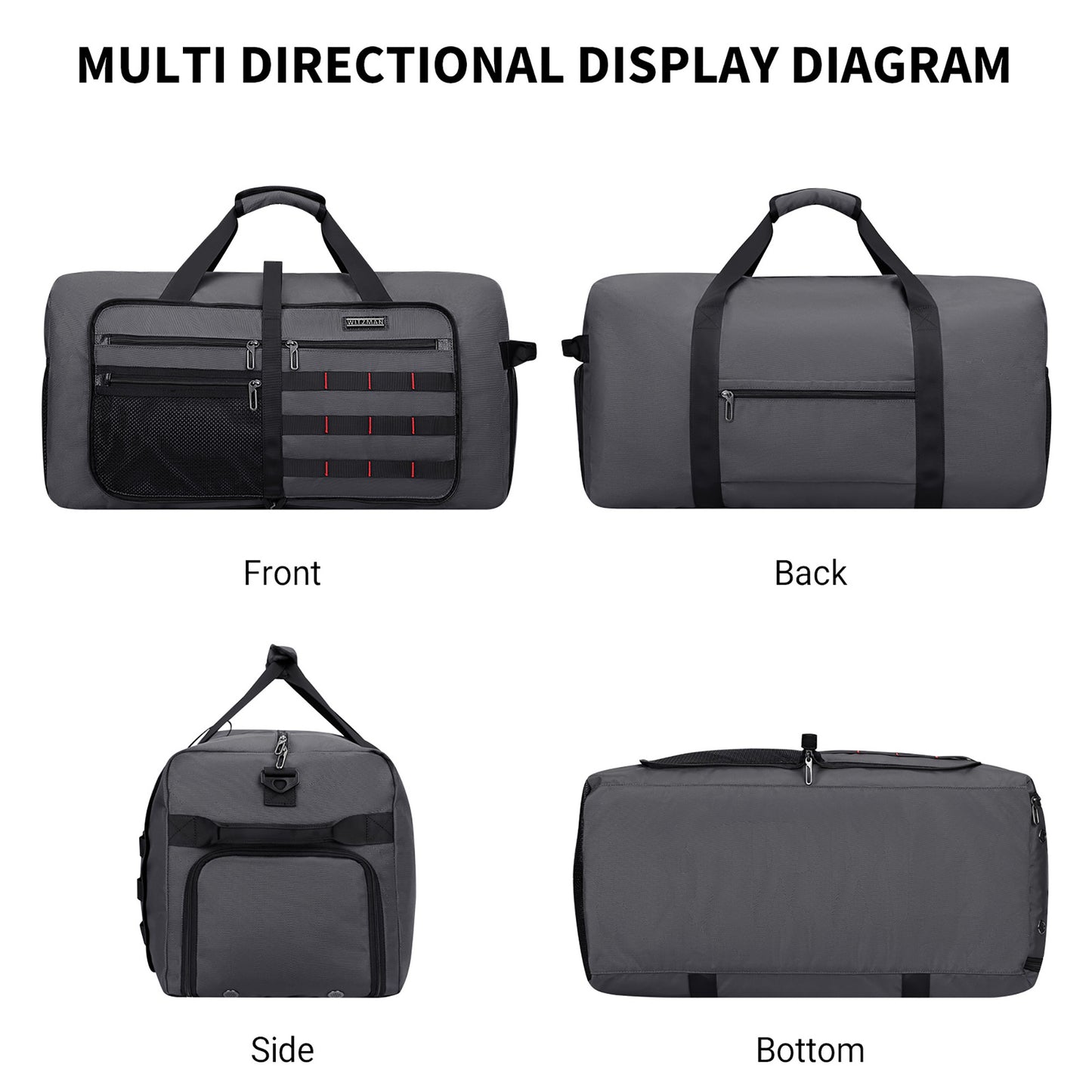 WITZMAN Foldable Duffle Bag for Travel 65L Lightweight Packable Duffel Bag with Shoes Compartment Overnight Bag for Men Women (B697)