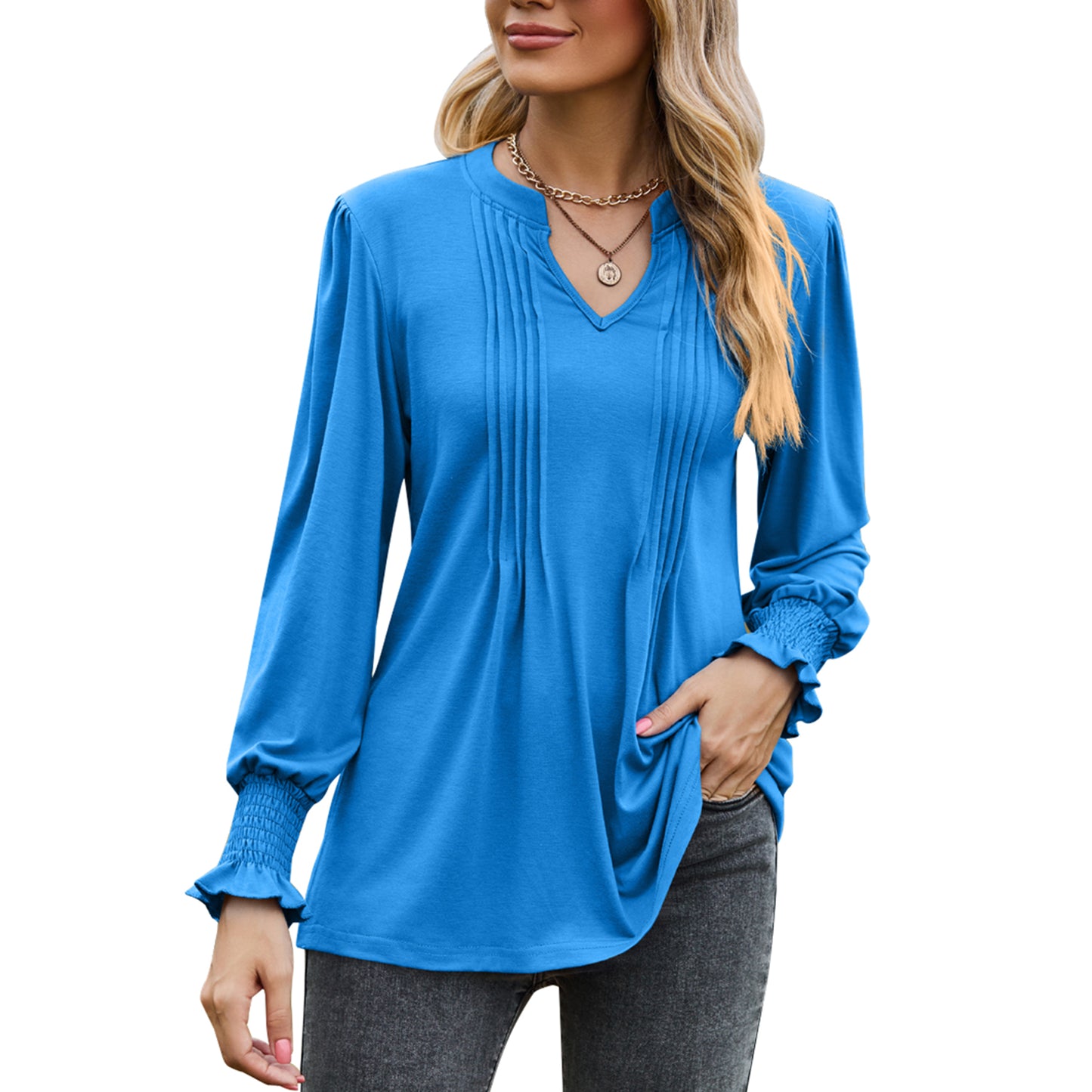 MOMOFEEL Womens Tunic Tops Puff Long Sleeve Blouses Loose Fit Pleated V Neck Shirts M9013