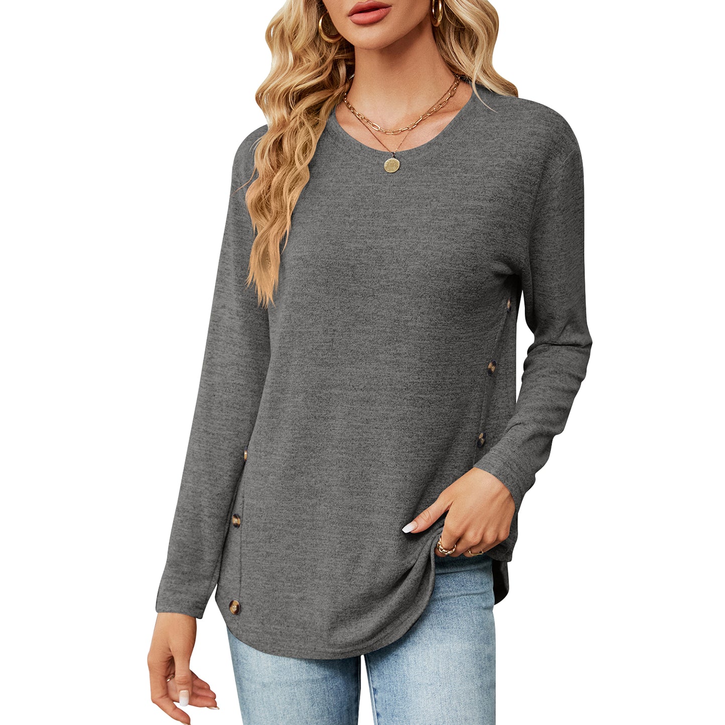 MOMOFEEL Long Sleeve Tunic Tops for Women Crewneck Sweatshirt with Side Buttons Casual Shirts Pullover M9004