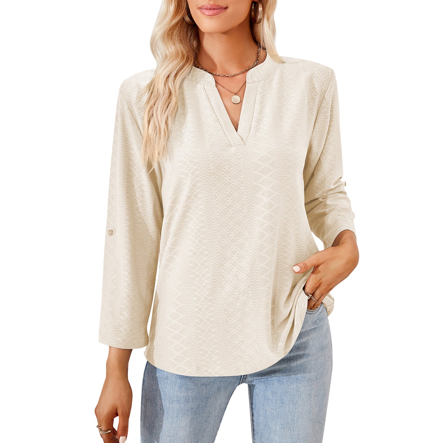 MOMOFEEL Long Sleeve Shirts for Women 3/4 Sleeve Loose Blouses V-neck Tunic Tops Casual M9007