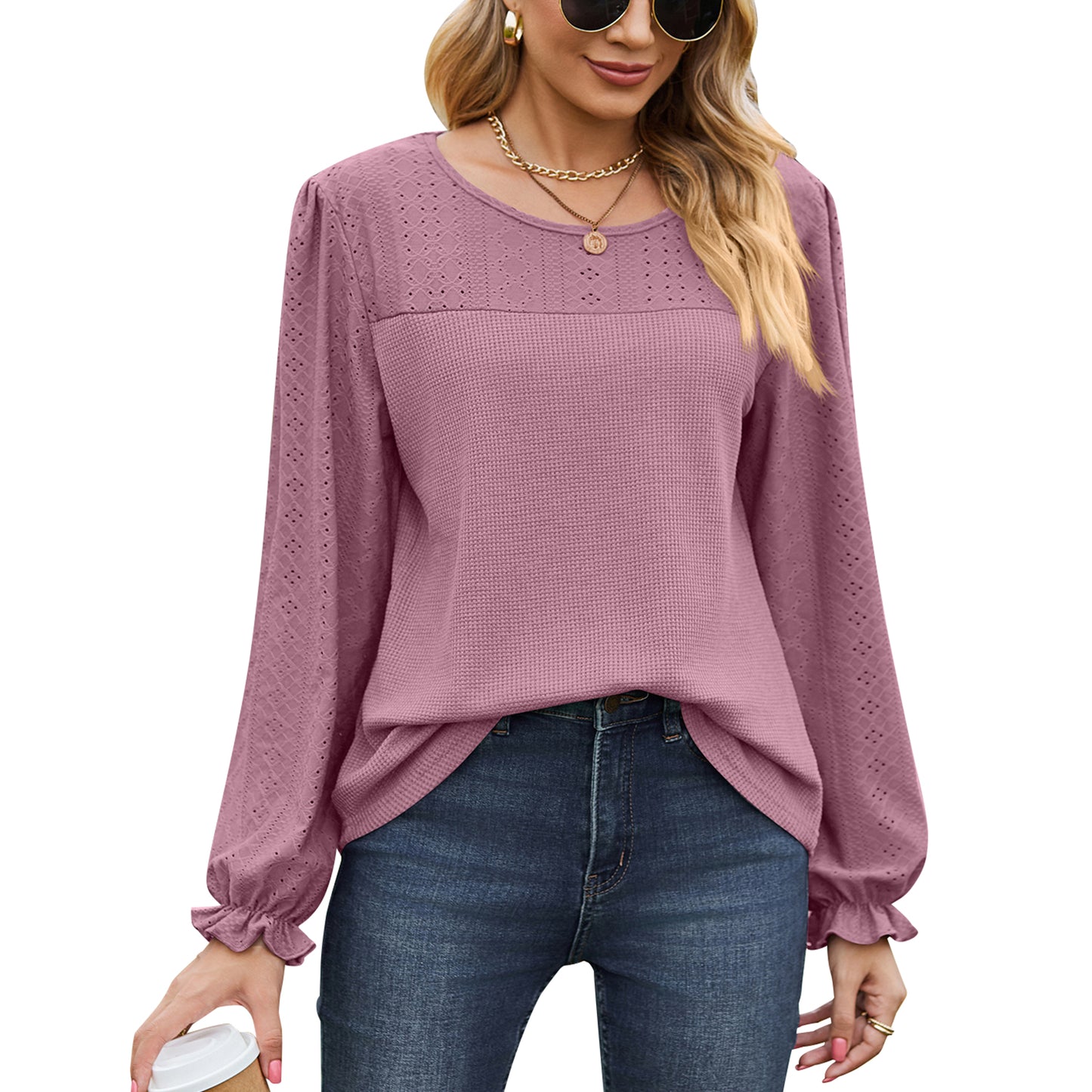 MOMOFEEL Puff Lace Long Sleeve Shirts for Women Crewneck Tunic Tops Waffle Knit Blouse Casual M9005