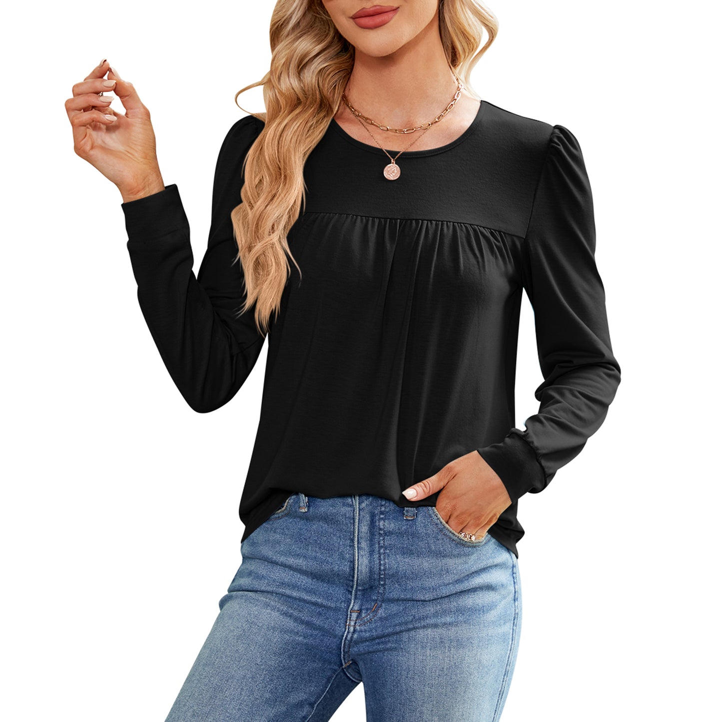 MOMOFEEL Womens Long Sleeve Tunic Tops Pleated Crewneck Shirts to Wear with Leggings Casual Loose Fit Sweatshirt M9003