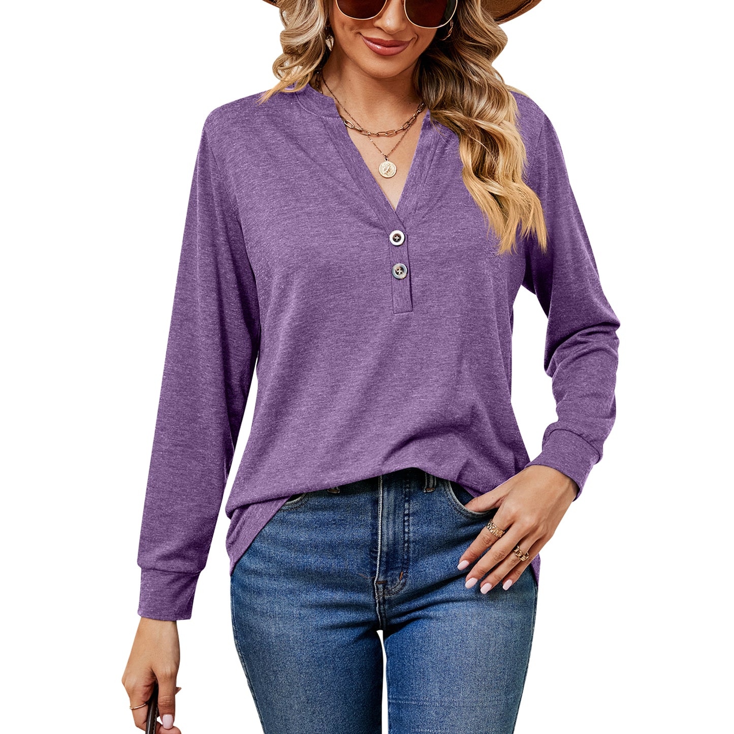 MOMOFEEL Womens Long Sleeve Shirts Casual V Neck Tunic Tops Henley Loose Pullover Blouses M9006
