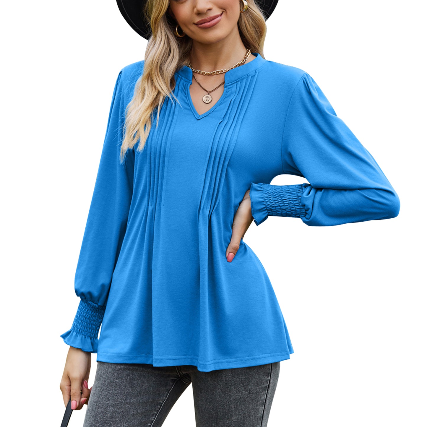 MOMOFEEL Womens Tunic Tops Puff Long Sleeve Blouses Loose Fit Pleated V Neck Shirts M9013