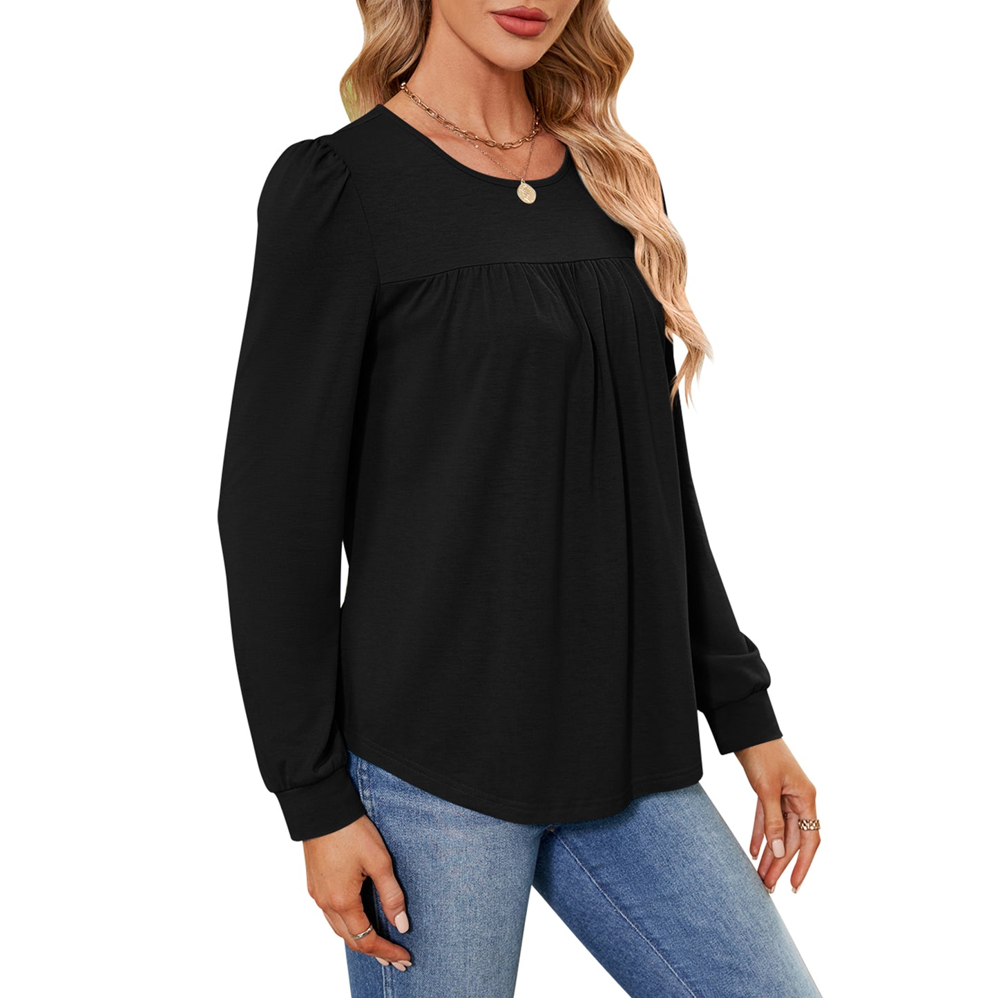 MOMOFEEL Womens Long Sleeve Tunic Tops Pleated Crewneck Shirts to Wear with Leggings Casual Loose Fit Sweatshirt M9003