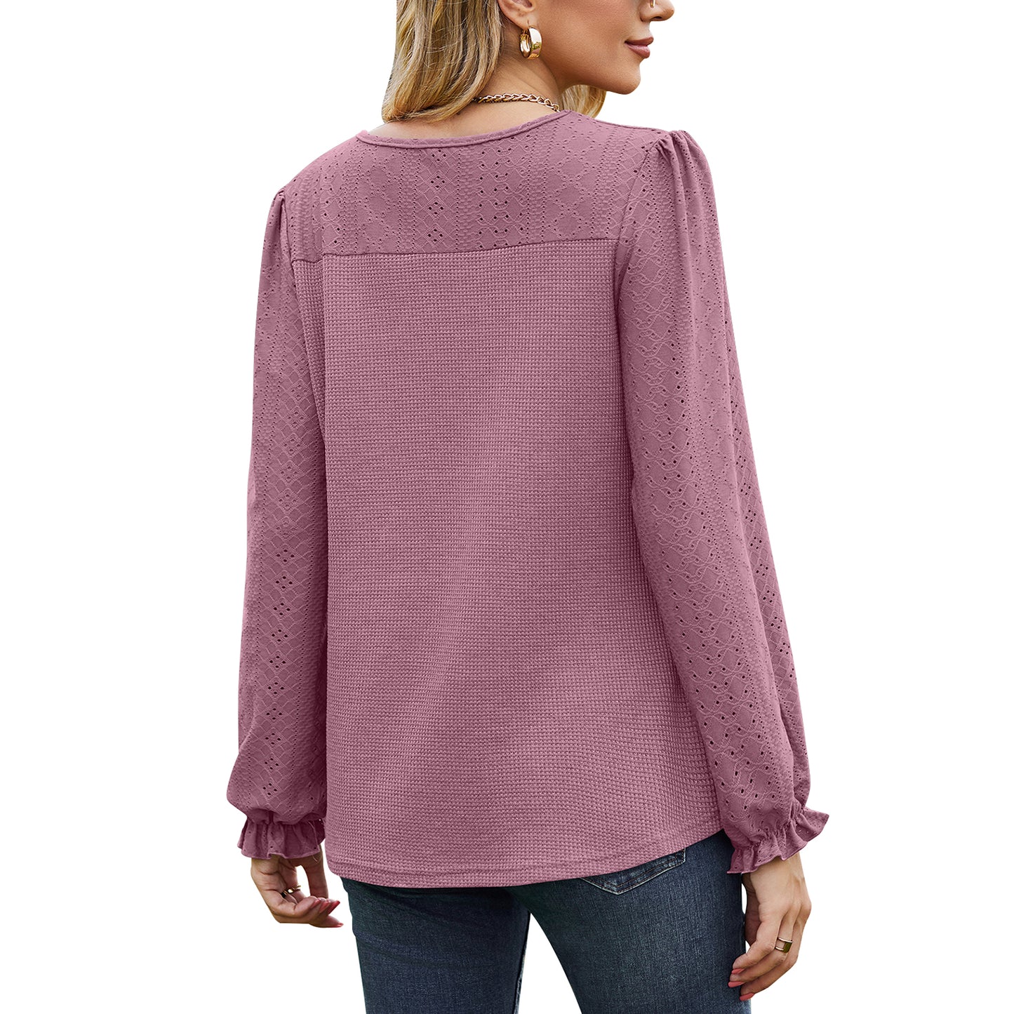MOMOFEEL Puff Lace Long Sleeve Shirts for Women Crewneck Tunic Tops Waffle Knit Blouse Casual M9005