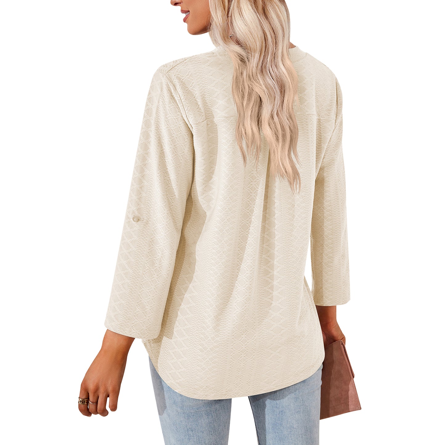 MOMOFEEL Long Sleeve Shirts for Women 3/4 Sleeve Loose Blouses V-neck Tunic Tops Casual M9007