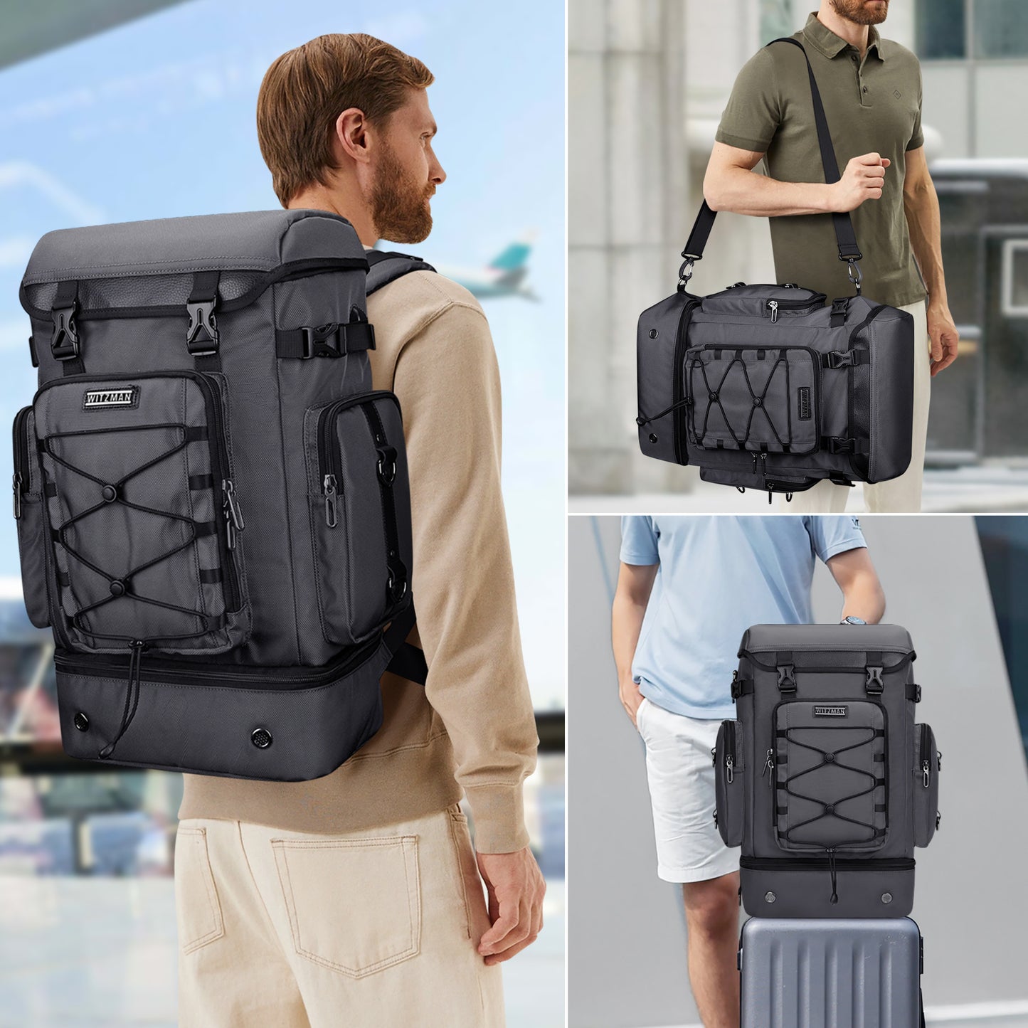 WITZMAN Travel Backpack for Men Women Carry on Bags for Airline Approved Convertible Duffle Luggage Backpack Shoe Compartment(B691 )