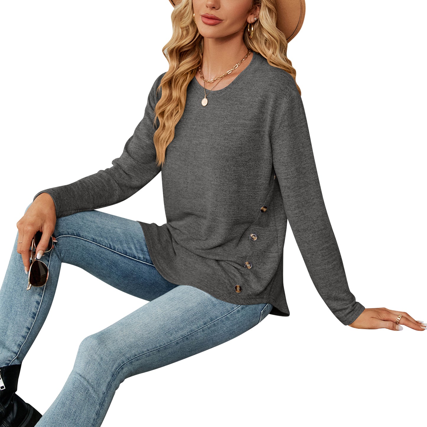 MOMOFEEL Long Sleeve Tunic Tops for Women Crewneck Sweatshirt with Side Buttons Casual Shirts Pullover M9004