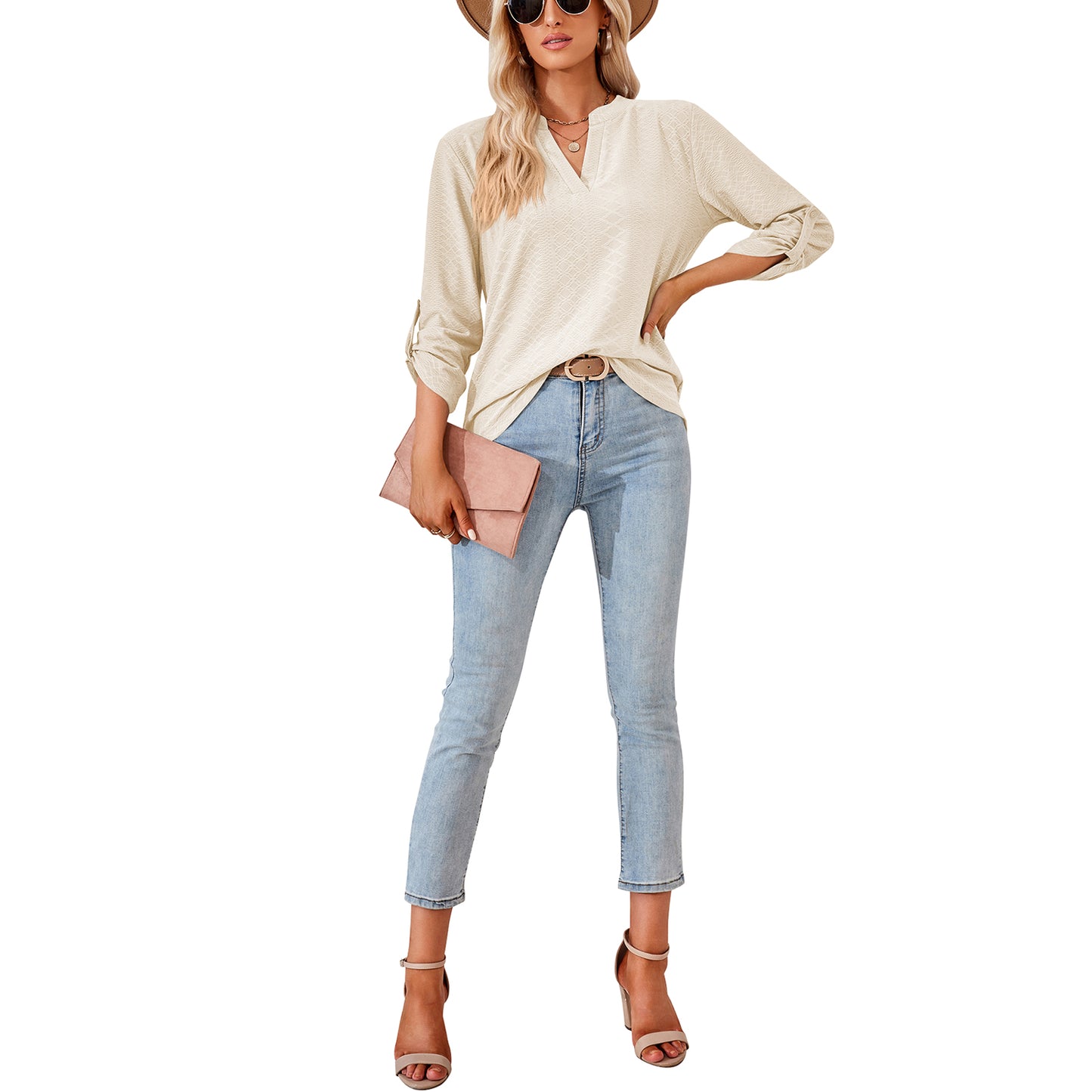 MOMOFEEL Long Sleeve Shirts for Women 3/4 Sleeve Loose Blouses V-neck Tunic Tops Casual M9007