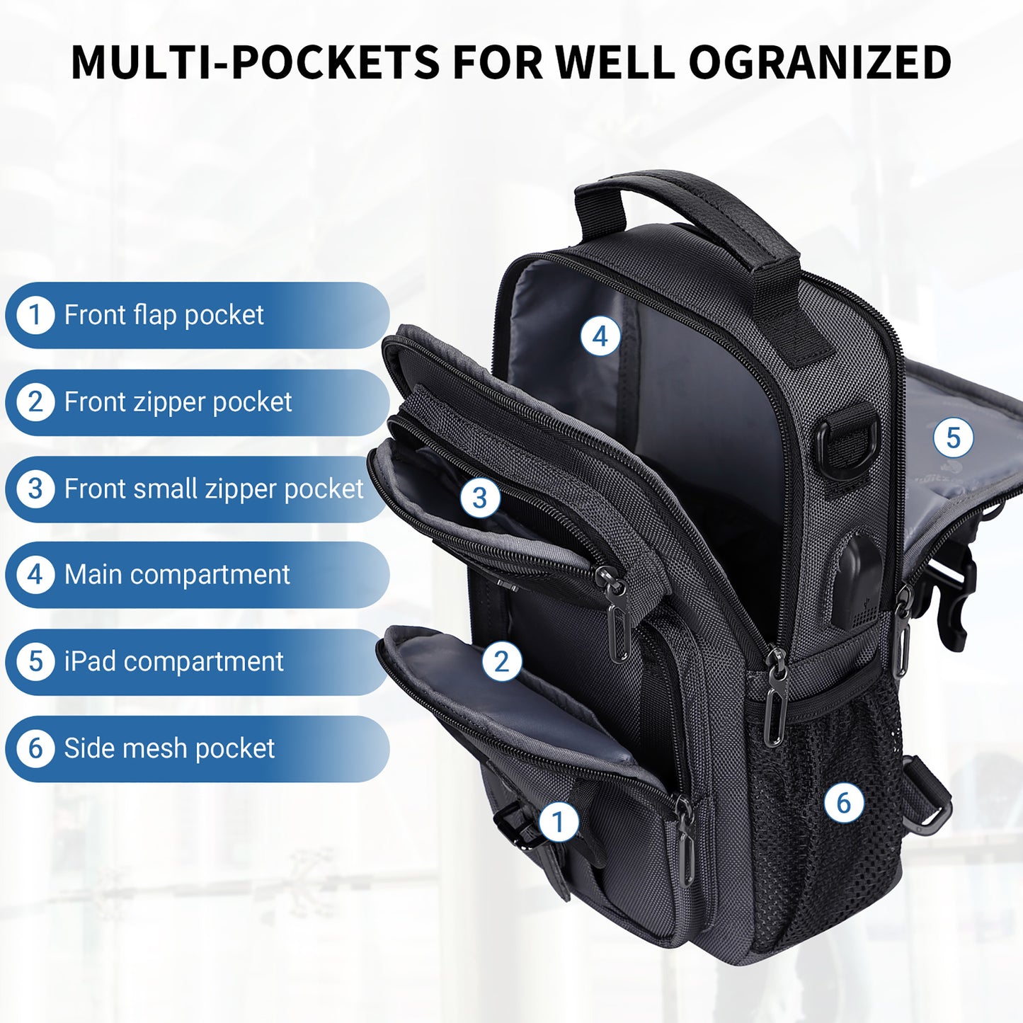 WITZMAN Sling Bag for Men Convertible Travel Sling Backpack USB Charging Port Lightweight Crossbody Bags Casual Daypack(B698)