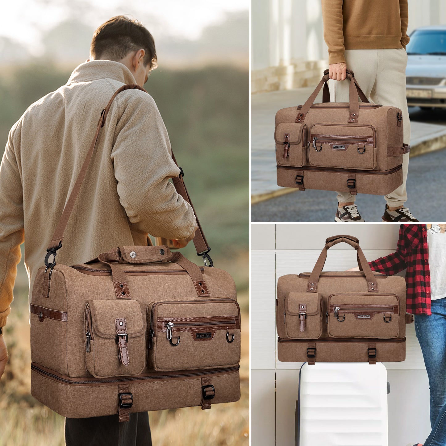 WITZMAN Canvas Weekender Bag Mens Overnight Bag for Traveling Carry on Duffle Bags with Shoes Compartment(A8010 )