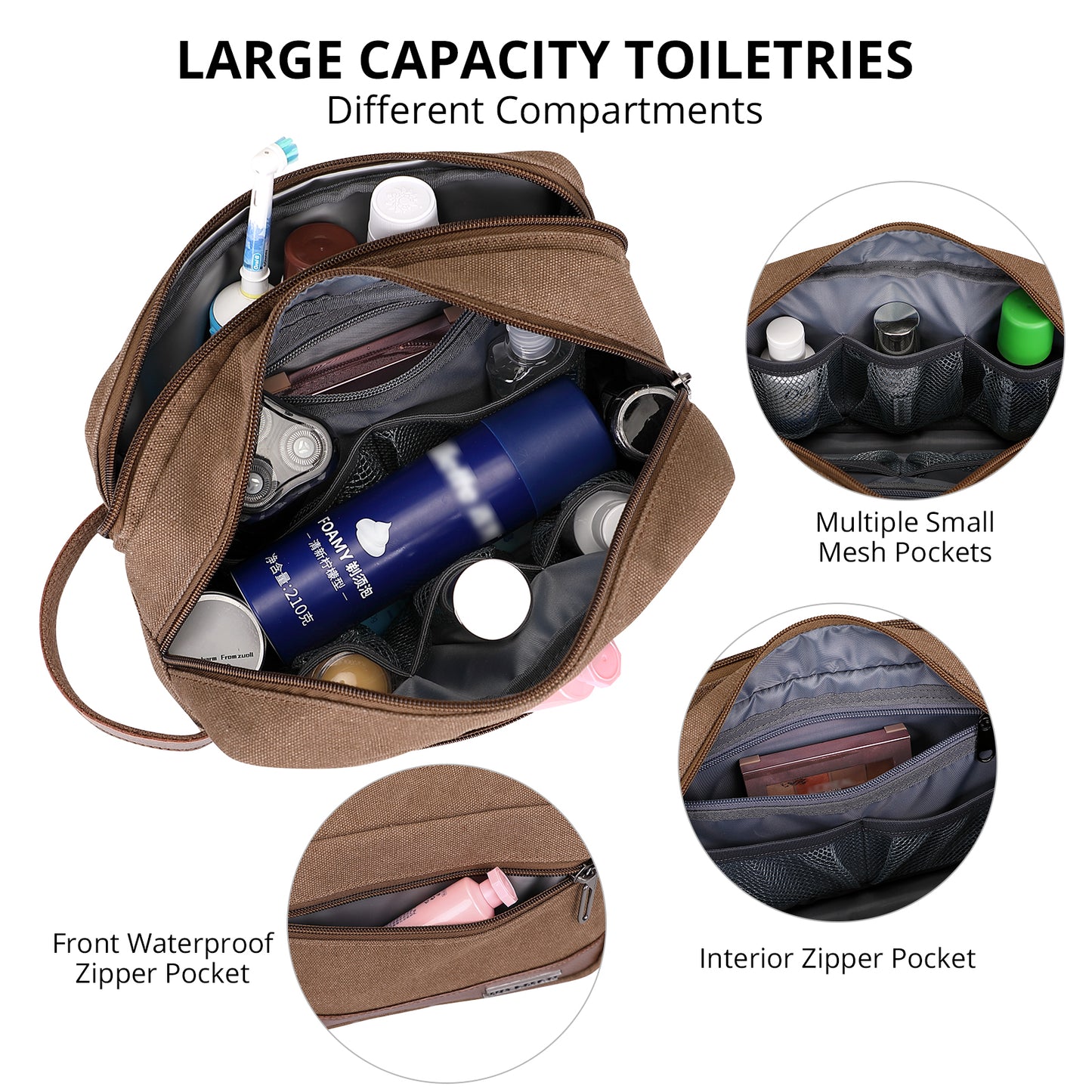 WITZMAN Canvas Toiletry Bag for Men Hanging Dopp Kit Organizer Water-resistant Travel Toiletries bag Men Bathroom Bag with Wet Pocket(A8001)