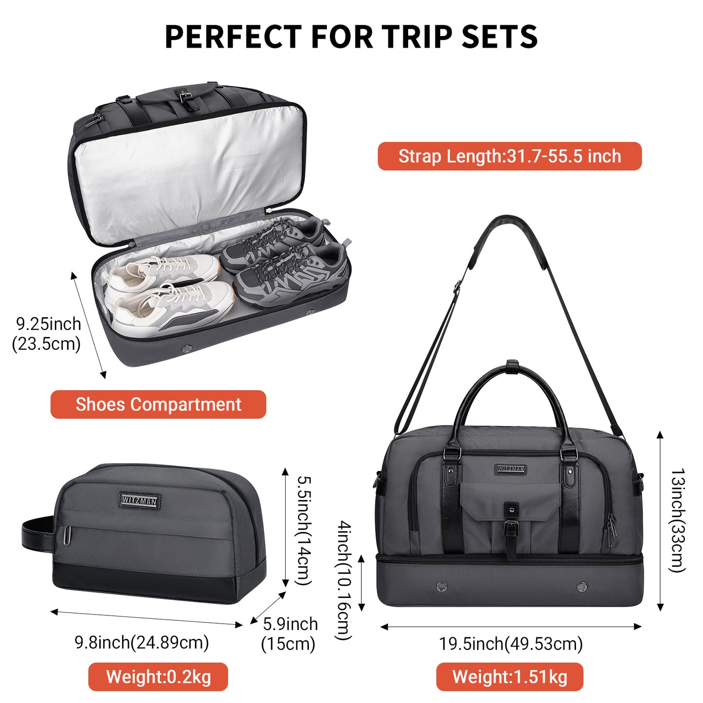 WITZMAN Weekender Bags for Men Women Carry On Duffle Overnight Bag with Toiletry Bag Sets Travel Duffel Bag Shoes Compartment(B694)