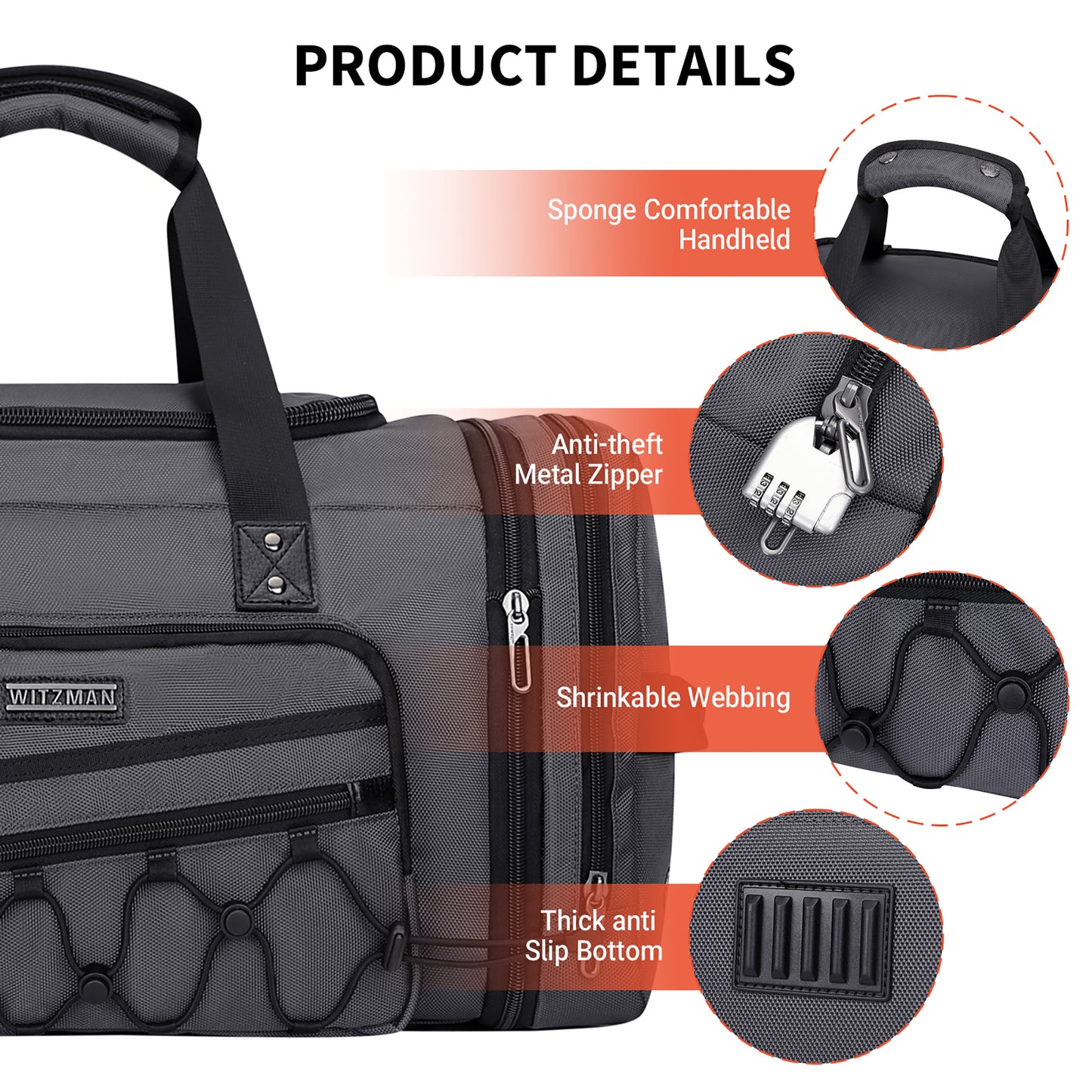 WITZMAN Duffle Bag for Men Nylon Large Gym Weekender Bag with Shoe Compartment Expandable Overnight Bag Carry on Bag (B695 )