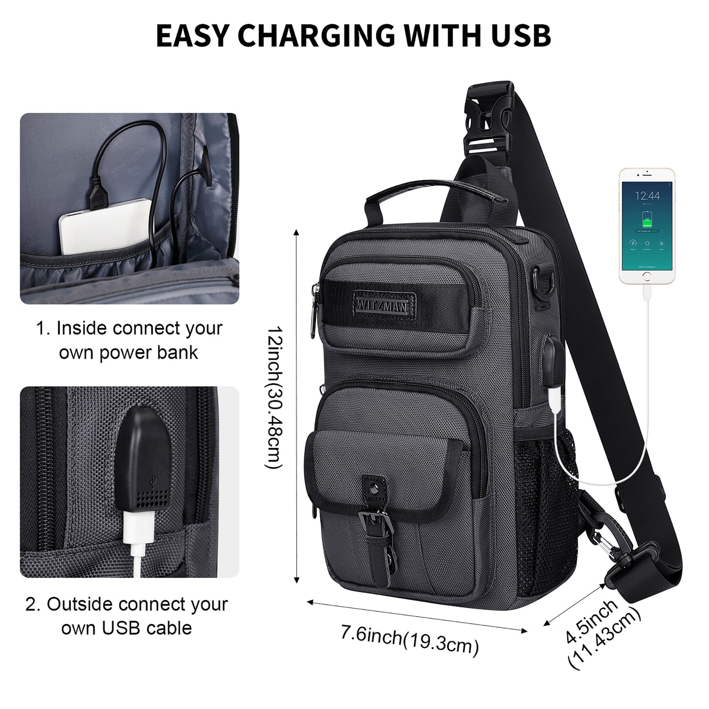 WITZMAN Sling Bag for Men Convertible Travel Sling Backpack USB Charging Port Lightweight Crossbody Bags Casual Daypack(B698)