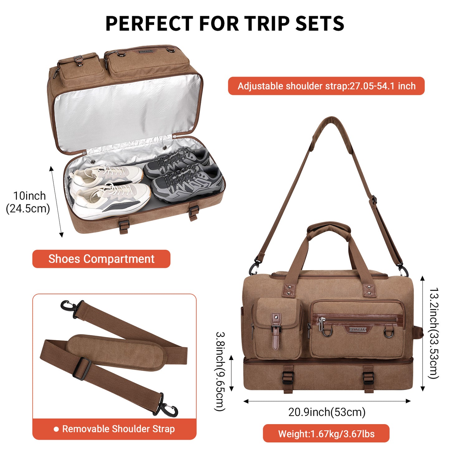 WITZMAN Canvas Weekender Bag Mens Overnight Bag for Traveling Carry on Duffle Bags with Shoes Compartment(A8010 )